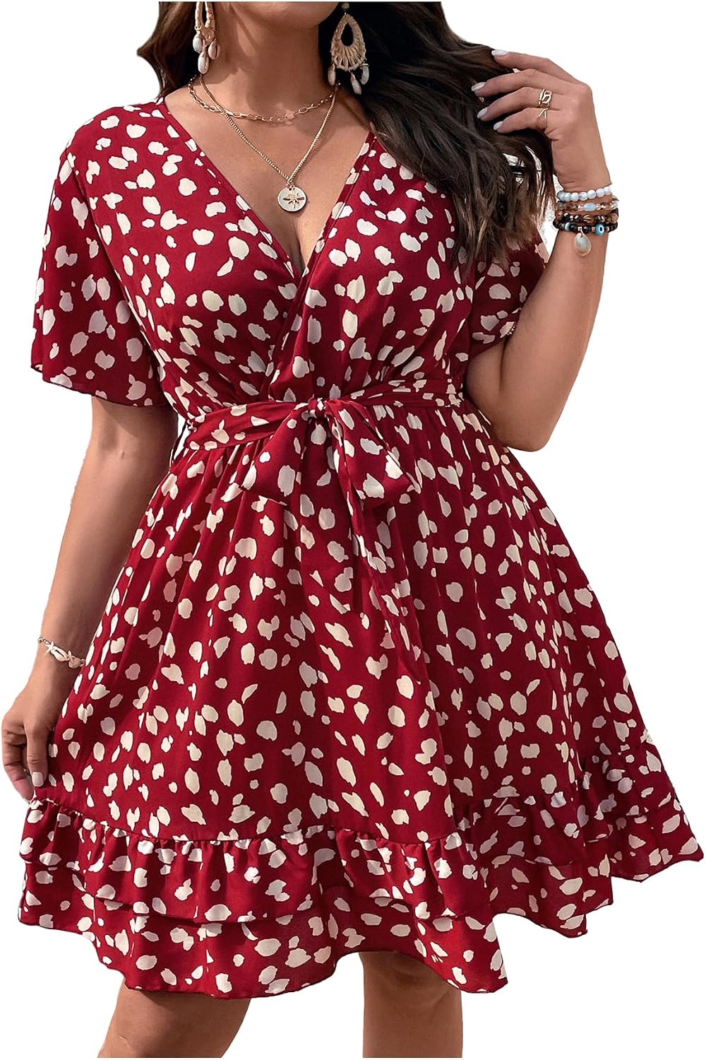 Plus Size Floral Print V Wrap Ruffle Sleeveless Dress