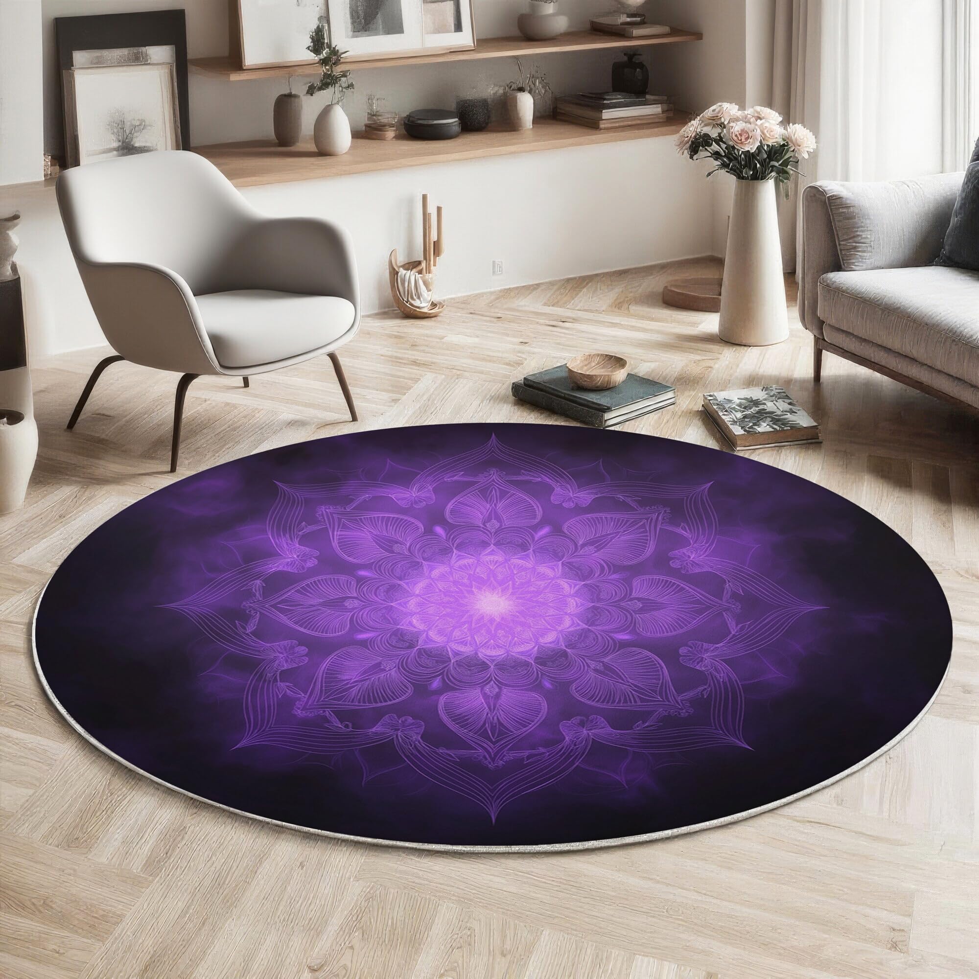 Rond Tapis Salon Violet Moquette 3D Mandala À Paillettes Chambre De Décoration Poil Ras Lavable en Machine Paillasson Plantes Psychédéliques Antidérapant Salle A Manger Chambre Adulte,100Cm