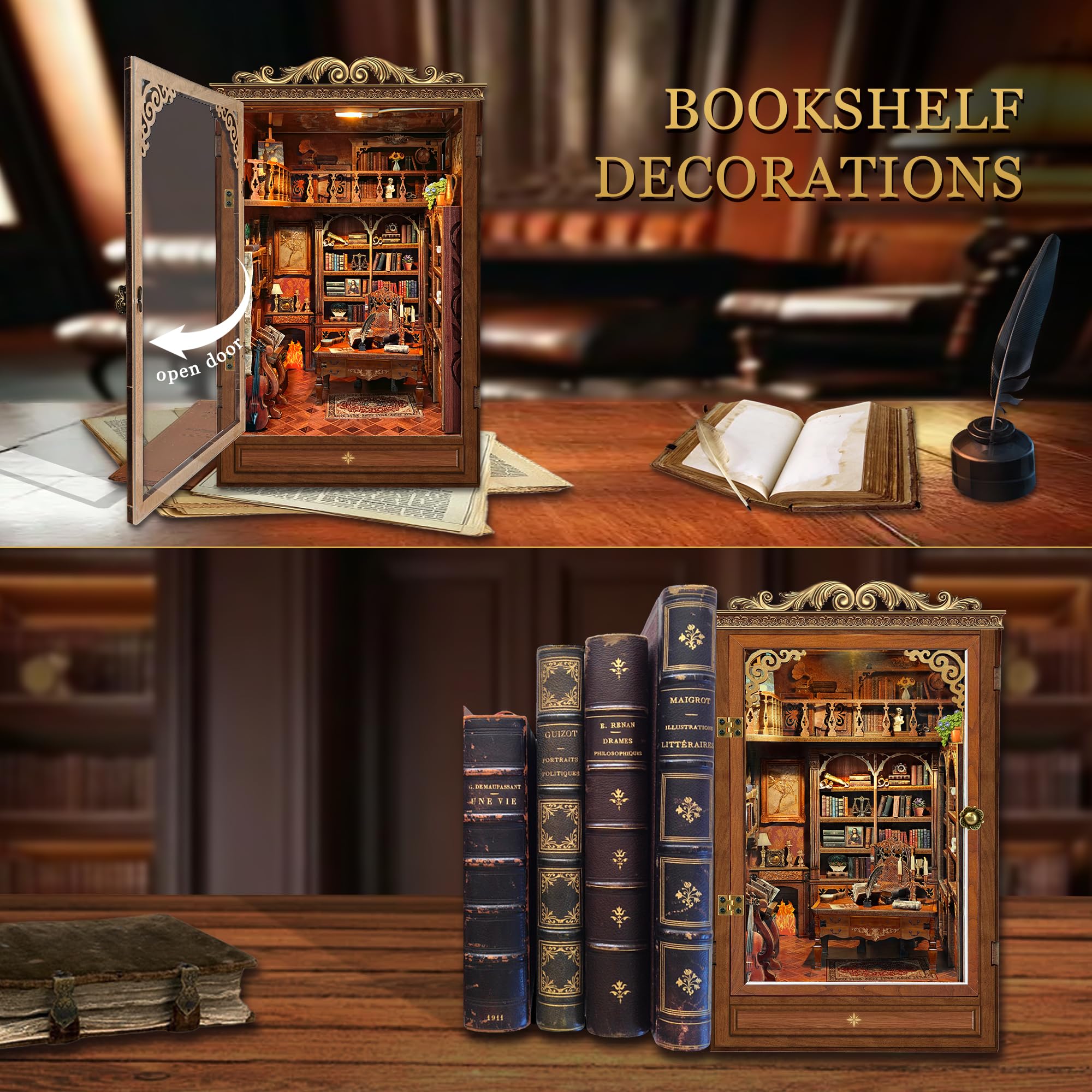 CUTEBEE Kit Book Nook, kit fai da te in miniatura per casa delle bambole con copertura antipolvere e luce a LED, puzzle 3D in legno, kit di modellini per adulti da costruire