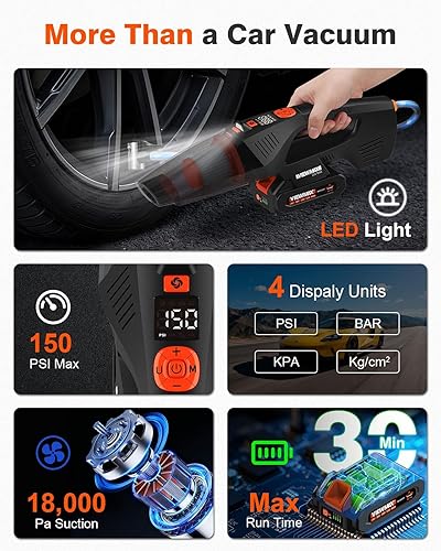 Miniatura 4 de Aspiradora de coche e inflador de neumáticos 2 en 1, aspiradora de mano inalámbrica de 20 V y bomba de aire de 150 PSI con manómetro de presión,