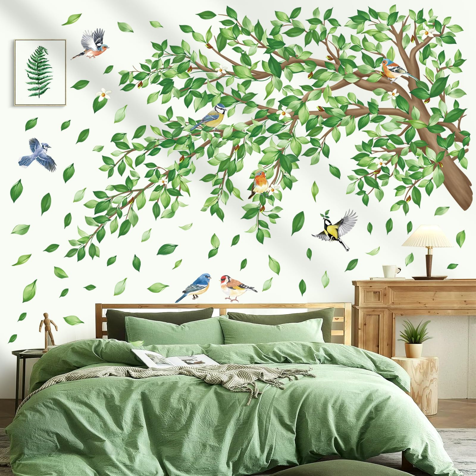 decalmile Stickers Muraux Grand Branche de Arbre Verts Autocollant Mural Feuilles Plantes Verts Oiseaux Décoration Murale Salon Chambre à Coucher Bureau Mur TV