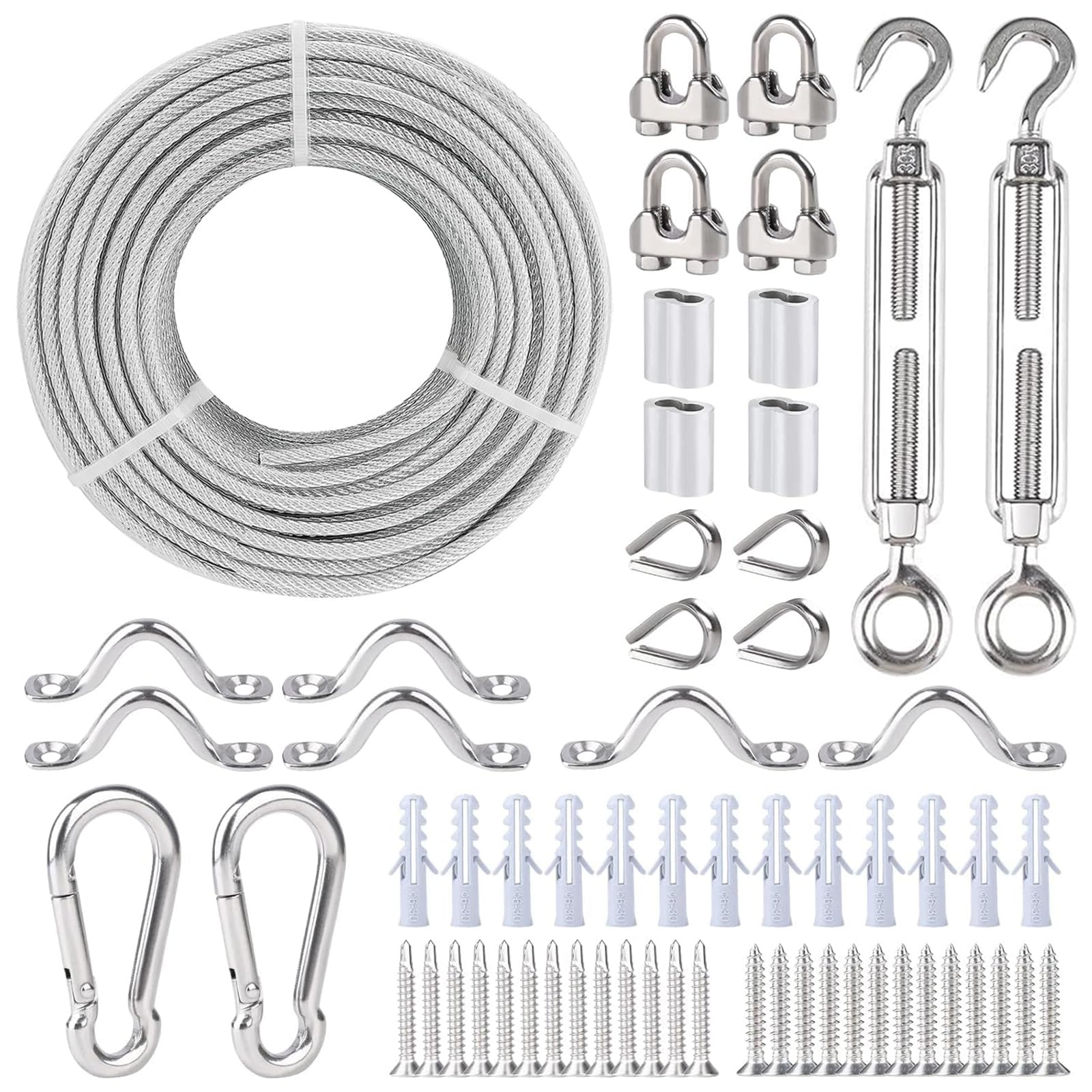 5 mm Drahtseil-Kit, Edelstahl-Spannschloss-Drahtspanner-Kit mit 7×7 Litzenkern, 30 m PVC-Ummantelt Stahlseil für Terrassendraht-Treppengeländer, Sonnensegel, Hängelampe, Wäscheleine