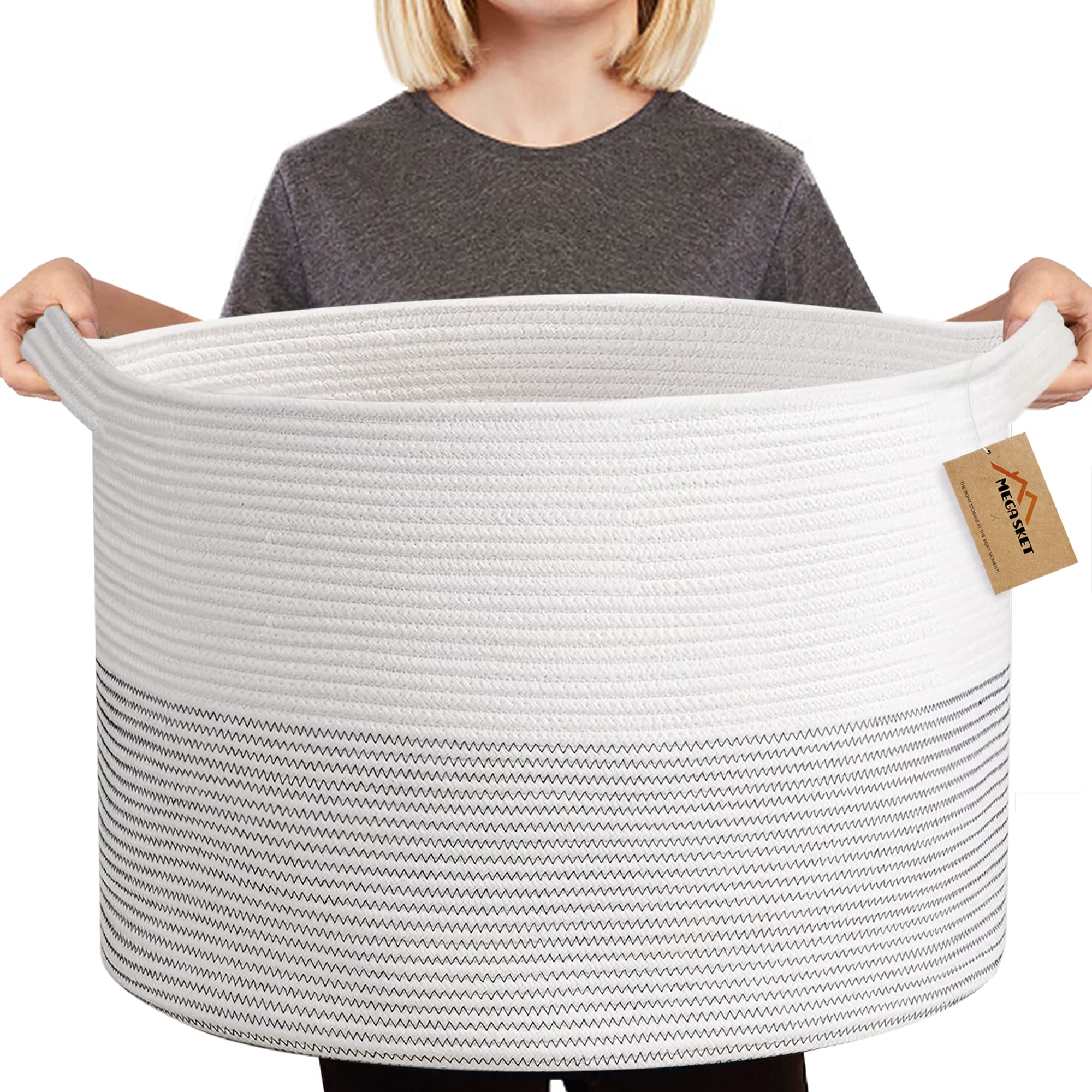 MEGASKET XXXL Large Cotton Rope Blanket Basket for Living Room, Woven Rope Storage Baskets for Organizing, Nursery Kids Toy Baskets Storage Bin Organizer, Baby Laundry Basket Hamper, Decor Basket, 88L