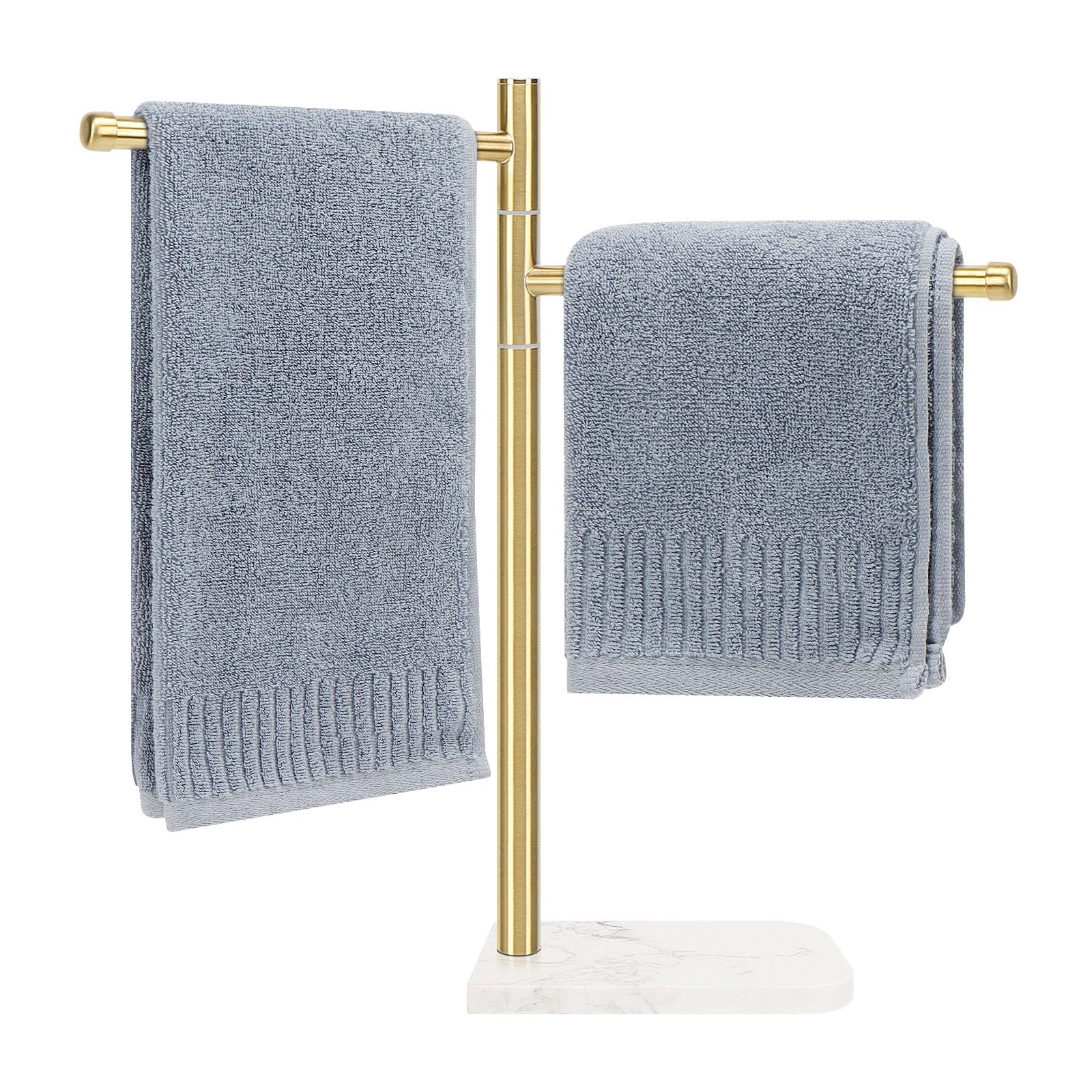 Winmien Standing Hand Towel Holder, Hand Towel Stand with Marble Base, 304 Stainless Steel Towel Rack with 2 Swivel Arm, Countertop Stand Towel Ring Towel Bar for Bathroom (Gold)