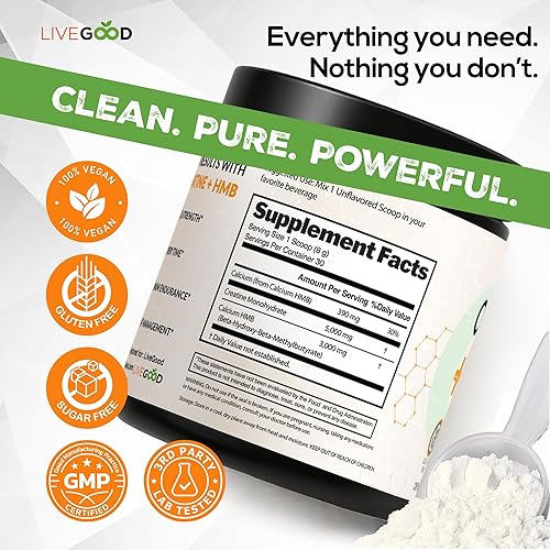 Miniatura 3 de LIVEGOOD Creatina + polvo HMB, monohidrato de creatina orgánica sin sabor para fuerza, recuperación, función cerebral y crecimiento muscular,