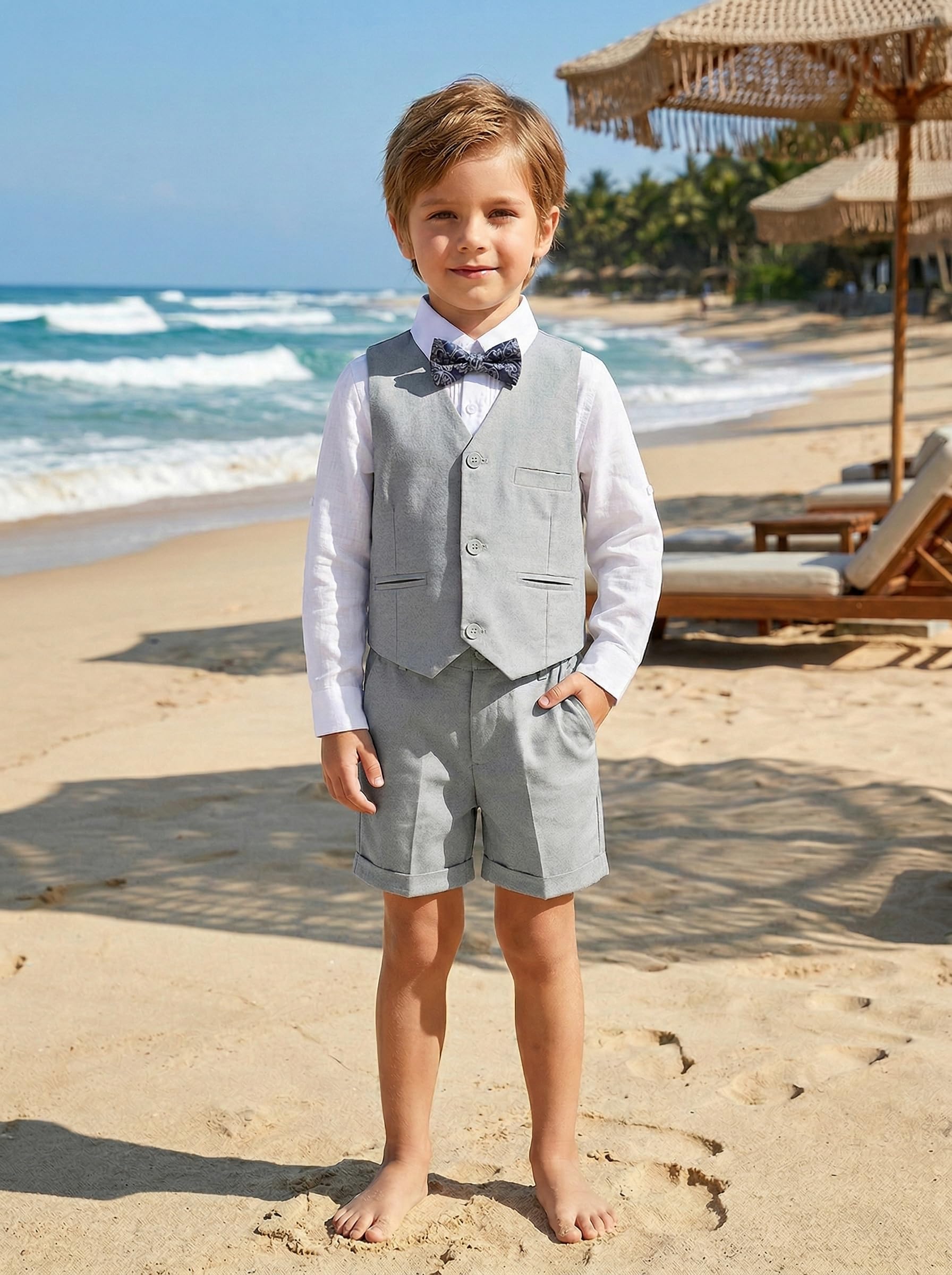 Jungen Leinenanzug Sommer Shorts Anzüge für Jungen 2 Stück Slim Fit Kinder Smoking Strand Hochzeit Outfit Leinen Kurz Anzug Set | Weste, Shorts, Jungen, Hochzeit, Abschlussfeier, Abschlussball, Kurzes Set, atmungsaktiv, knitterfrei, Sommerkleidung