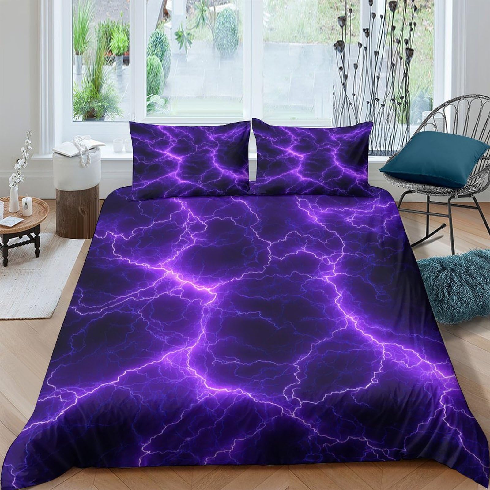 Ctjqhvkz Style-9 3D Printed Purple Lightning Fitted Sheet Microfiber Soft Anti-Slip Electric Storm Mattress Cover Bedroom Dorm Decor Single（135X200cm）