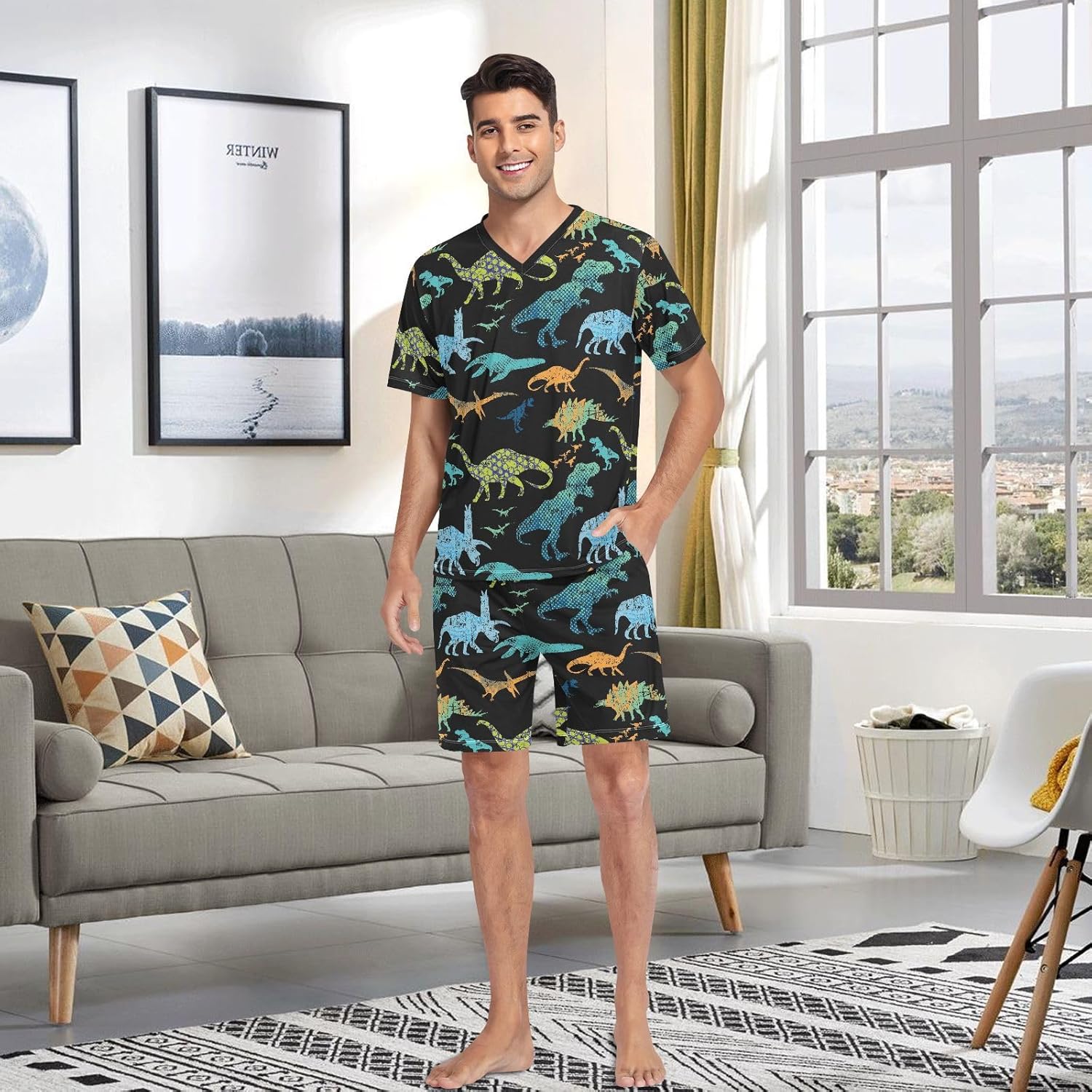 Men's Short Sleeve Pajama Set Summer Pj Short Set 2 Piece Loungewear Sleepwear with Pockets