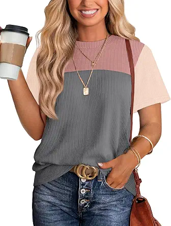 WIHOLL Women's Color Block Short Sleeve Knitted Top