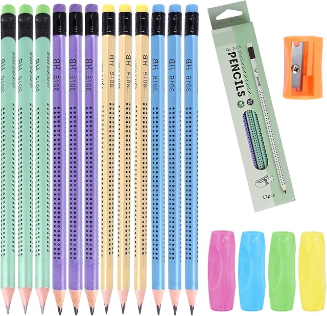 17Pcs HB Pencils Set, 12Pcs Presharpened Pencils Wood Triangle Shaped Pencil Cute Pencils With Rubber Eraser 1 Sharpener 4 Pencil Grips For School Childern Kids Writing Sketching Drawing Art And Craft