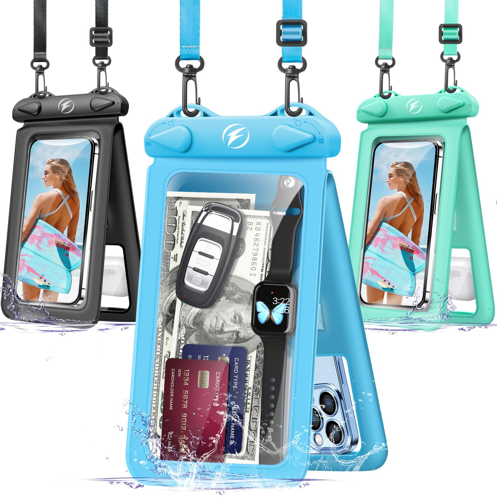 Waterproof Phone Pouch [3-Pack] Double Space Waterproof Phone Case with Adjustable Lanyard Water proof Cell Phone Pouch for iPhone IPX8 Underwater