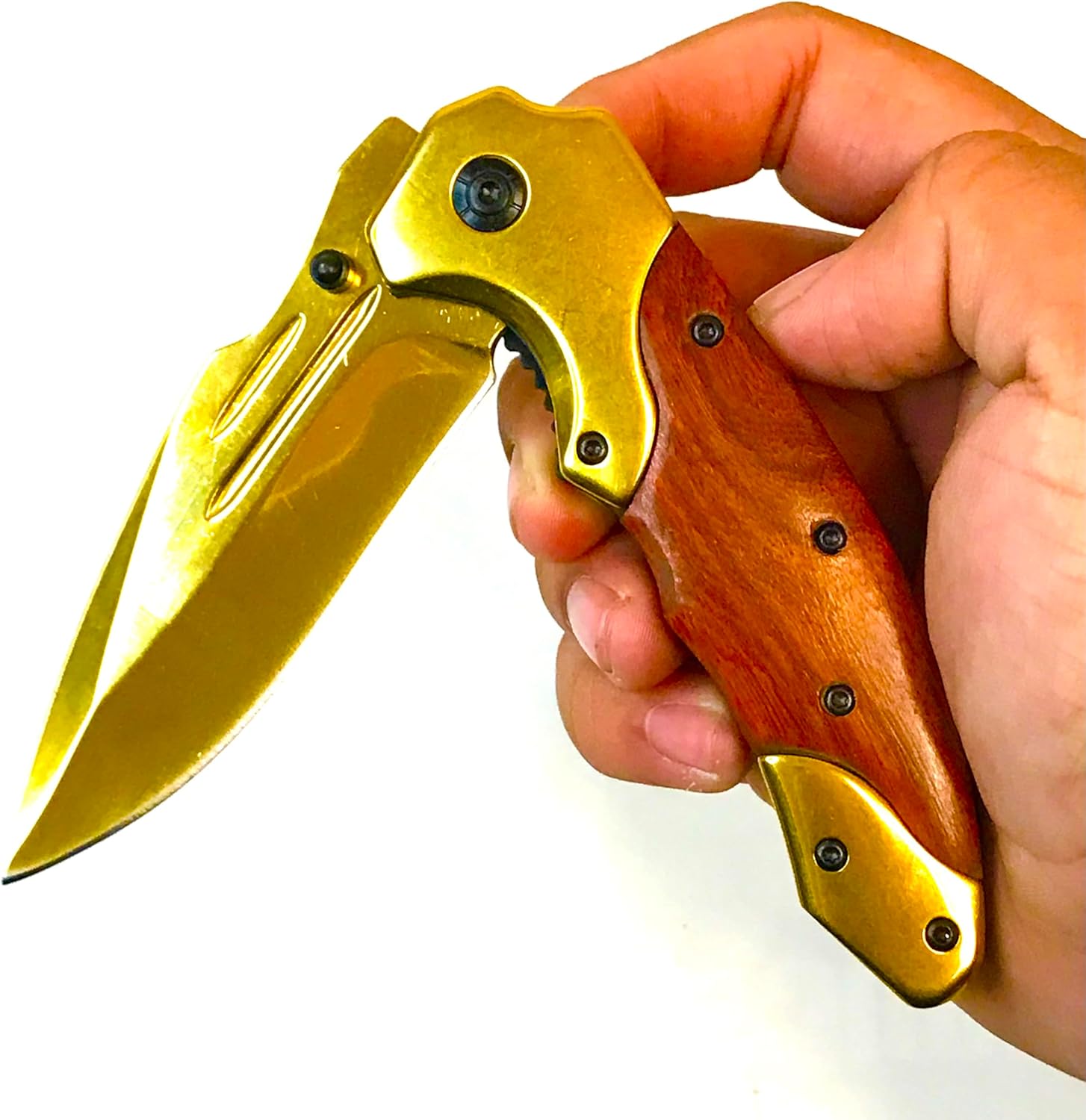 WHOLESALE 12 PCS 8" GOLD COLOR FOLDING POCKET KNIFE WITH WOOD INLAY ON HANDLE