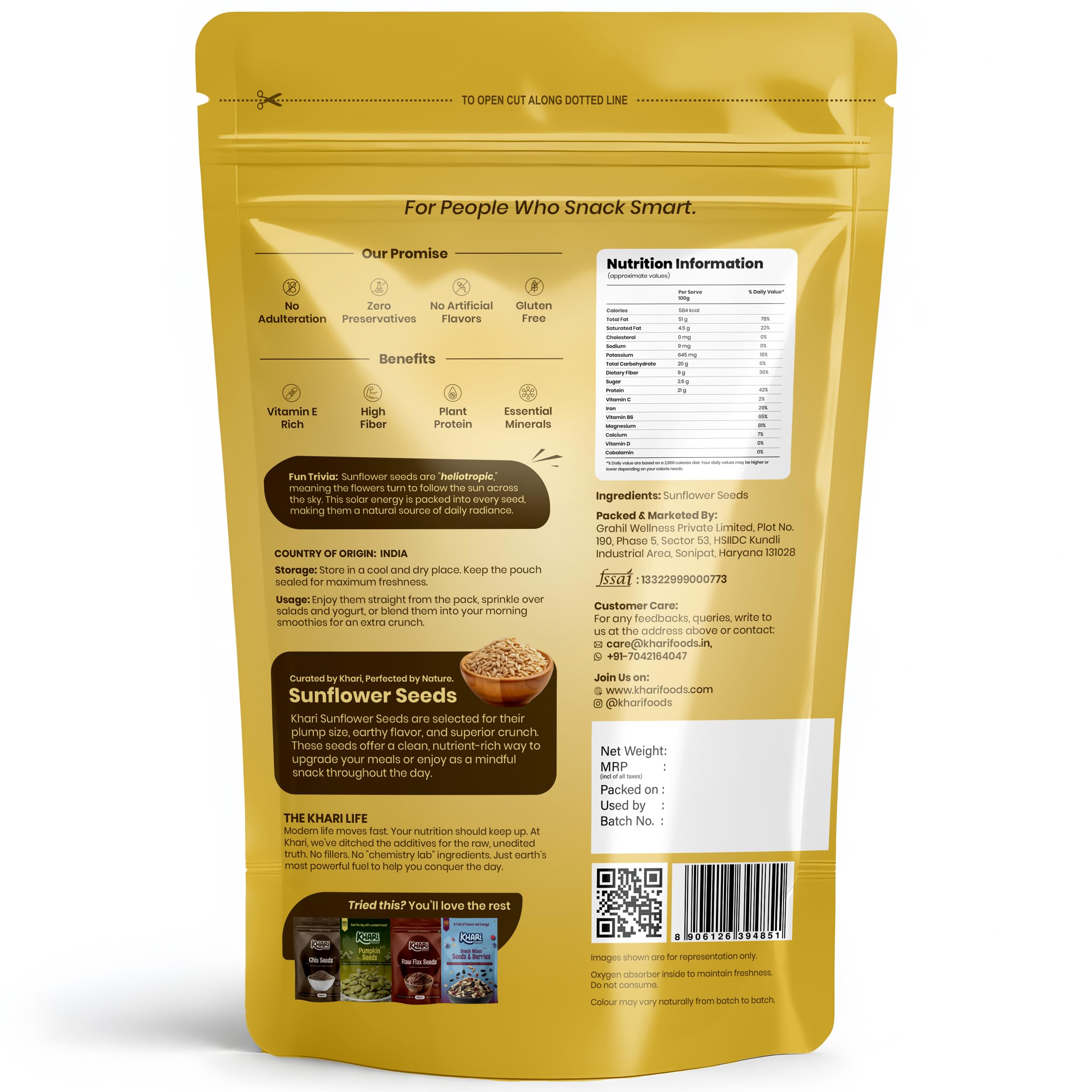 Khari Foods Premium Sunflower Seeds, High Fibre Seeds for Eating, Energy Healthy Snacking, Preservative Free, 400g
