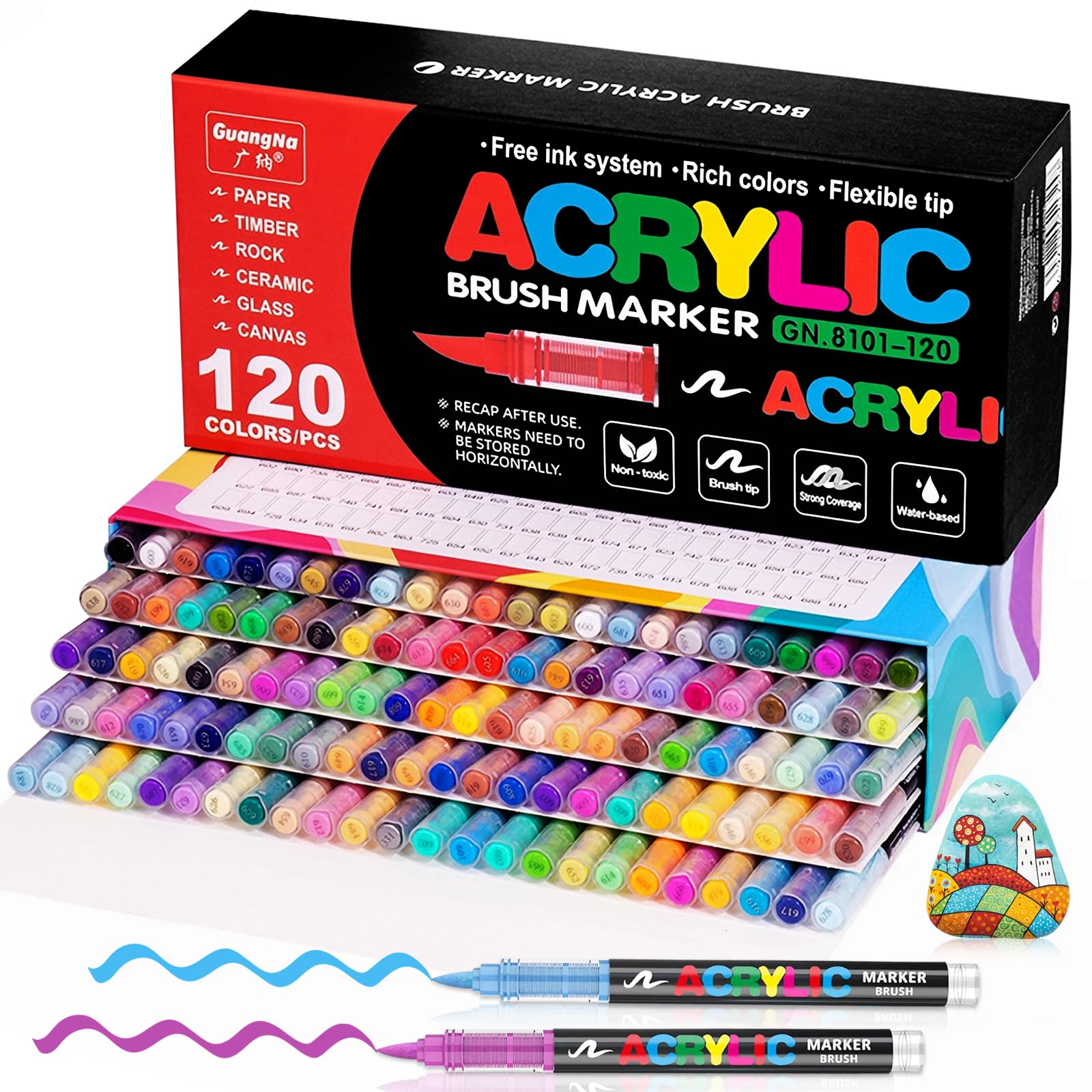 Vakki 200 Acrylstifte für steine wasserfest, Pinselspitze Acrylmarker, Acrylic marker Acrylmarker Set Perfekt für Steine Bemalen, Glas, Holz, Keramik, Metall & Leinwand