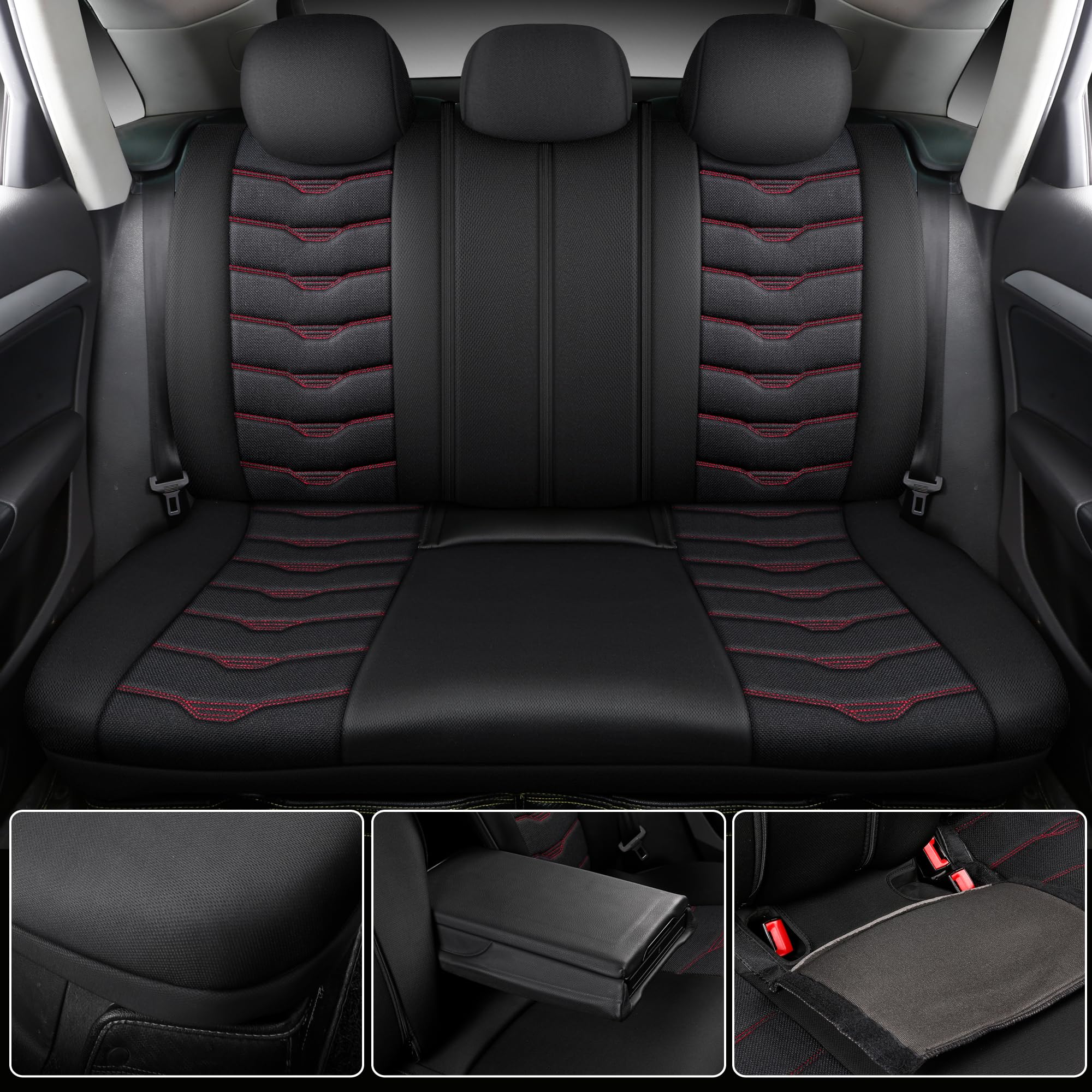 Housses de siège auto compatibles avec SsangYong Tivoli 2015 | Ensemble complet | Série AID | AID101 | Noir avec coutures rouges