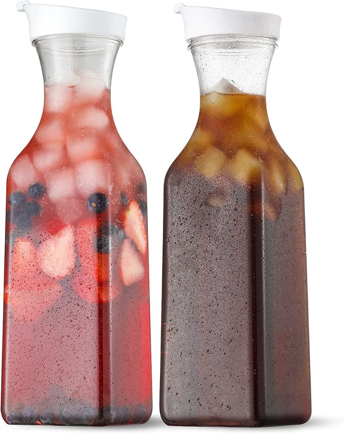 SZYYQ 50 Oz Water Carafe, with Flip Top Lid, Set of 2 Square Base Juice Containers, Clear Plastic Pitcher, for Water, Iced Tea, Juice, Beverage, Milk, Cold Brew and Mimosa Bar
