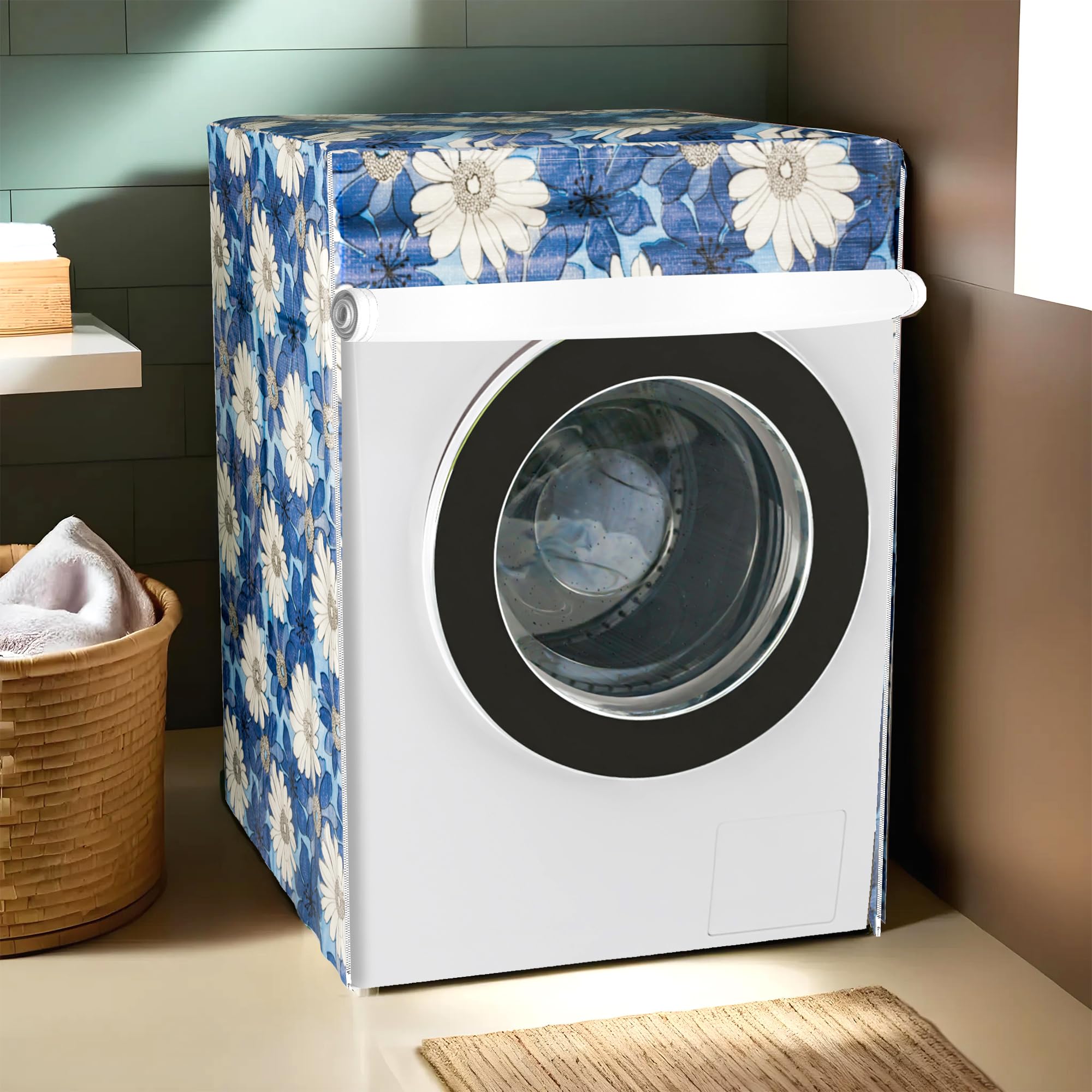 Kuber Industries Polyvinyl Chloride(PVC) Washing Machine Cover,Front Load Washer Covers,Zipper,Ideal For 6 Kg,6.5 Kg,7 Kg & 7.5 Kg,Waterproof & Dust-Proof Machine Cover,White Sunflower,Blue