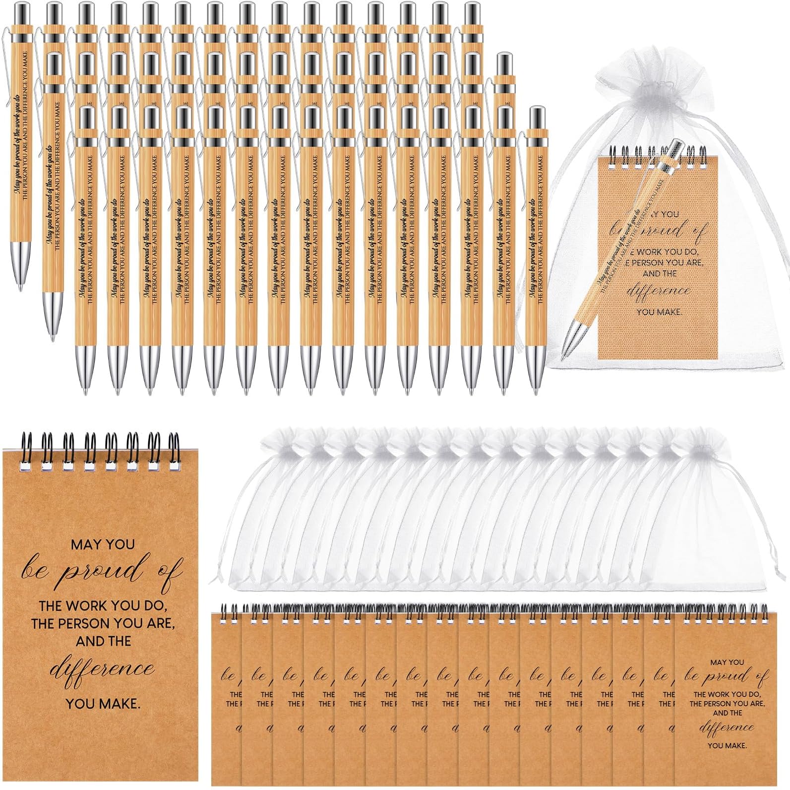 150 Pcs Employee Appreciation Gifts 50 Employee Motivational Notebooks 50 Inspirational Bamboo Pen 50 White Organza Gift Bags Thank You Gifts for Coworker Office Teacher Employee Volunteer
