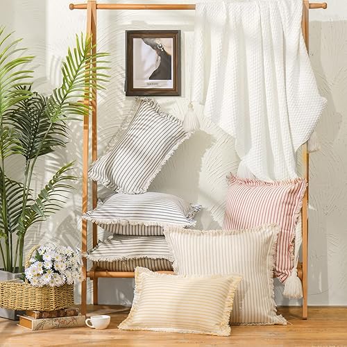 Miniatura 3 de ZWJD Juego de 2 fundas de almohada de 18 x 18 pulgadas, a rayas con flecos, de algodón, decorativas, cuadradas, para sofá, cama, sala de estar,