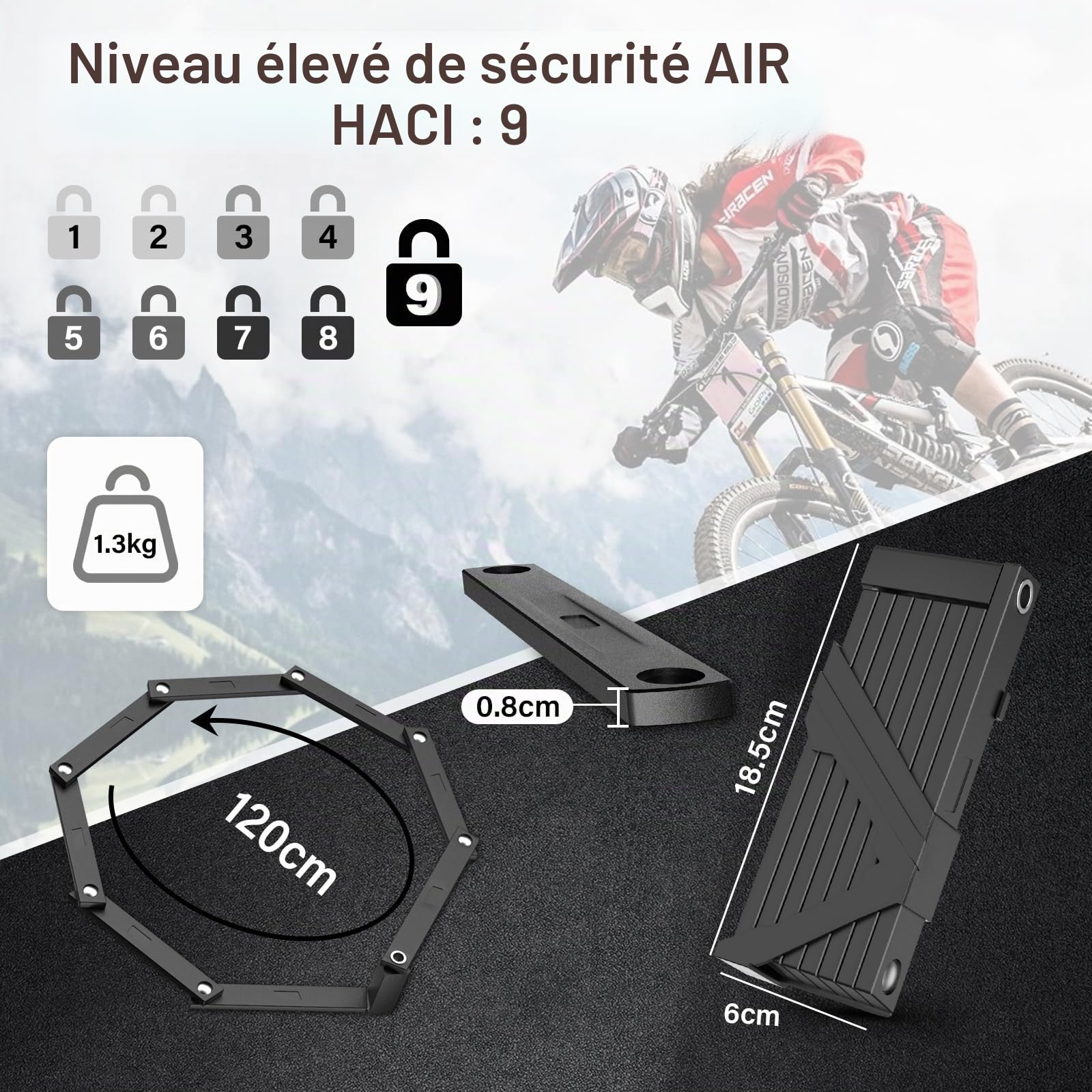 IMAYCC Antivol Velo, 120CM Antivols Pliables Portabilité, Haut Niveau de Sécurité Antivol Velo Electrique Avec Support, Protection Antivol Extra Haute pour E-Bike, Trotinette Electrique,Moto,VTT, Etc.