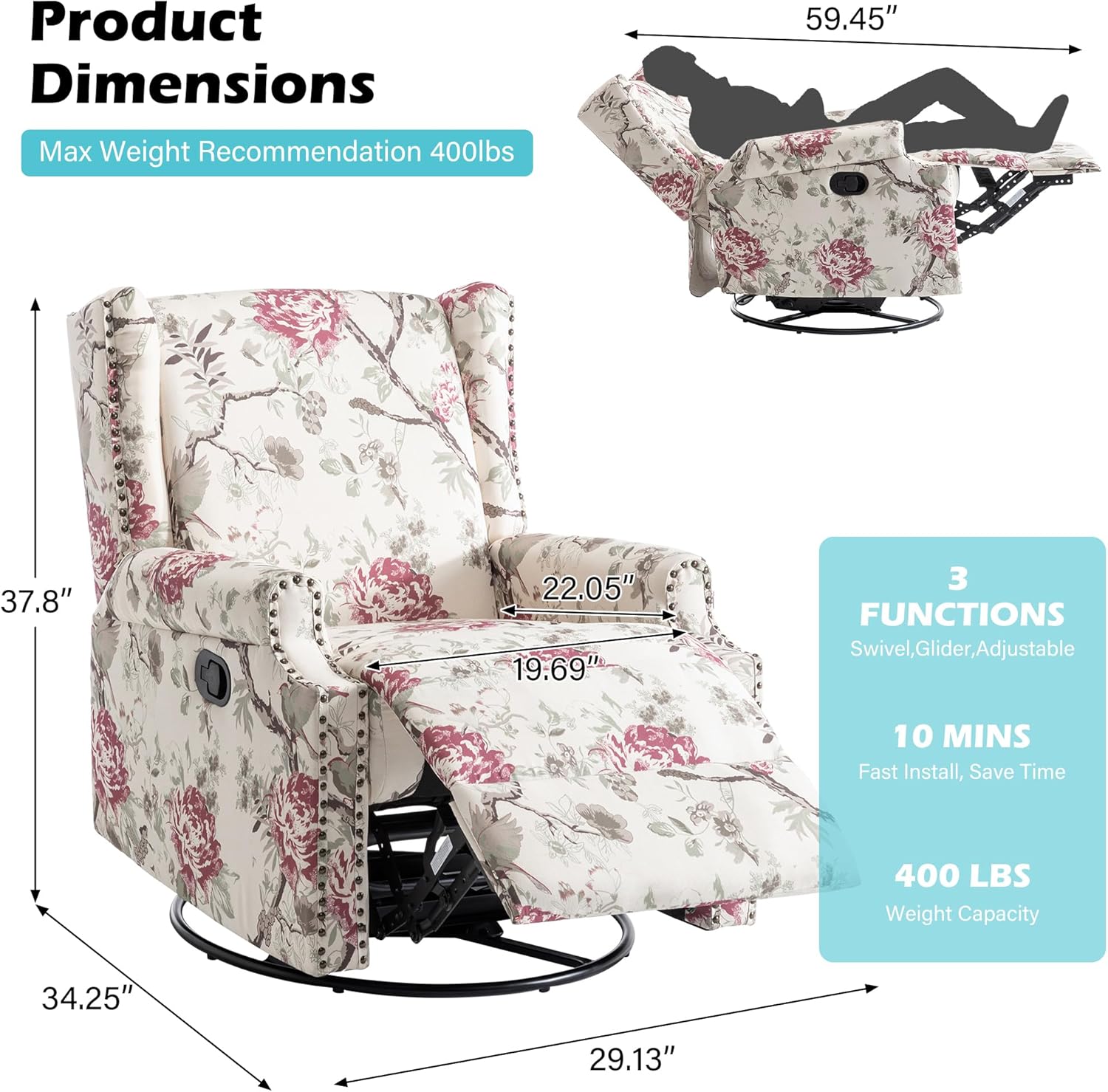 UIXE Swivel Glider Floral Recliner Chair, High Back Swivel Rocker Fabric Wingback Chair for Living Room, Rivet Trim Upholstered Armchair Manual Sofa Seating - Plants Floral