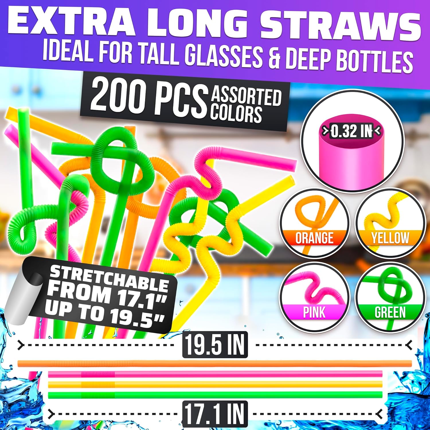 200 Pcs Extra Long Straws Disposable – Fun Neon 4 Colors Long Bendy Straws 17" Twist Up to 19.5" Plastic Drinking Straws for Holiday Party Drinks, Odorless Tasteless, Food-Grade Plastic