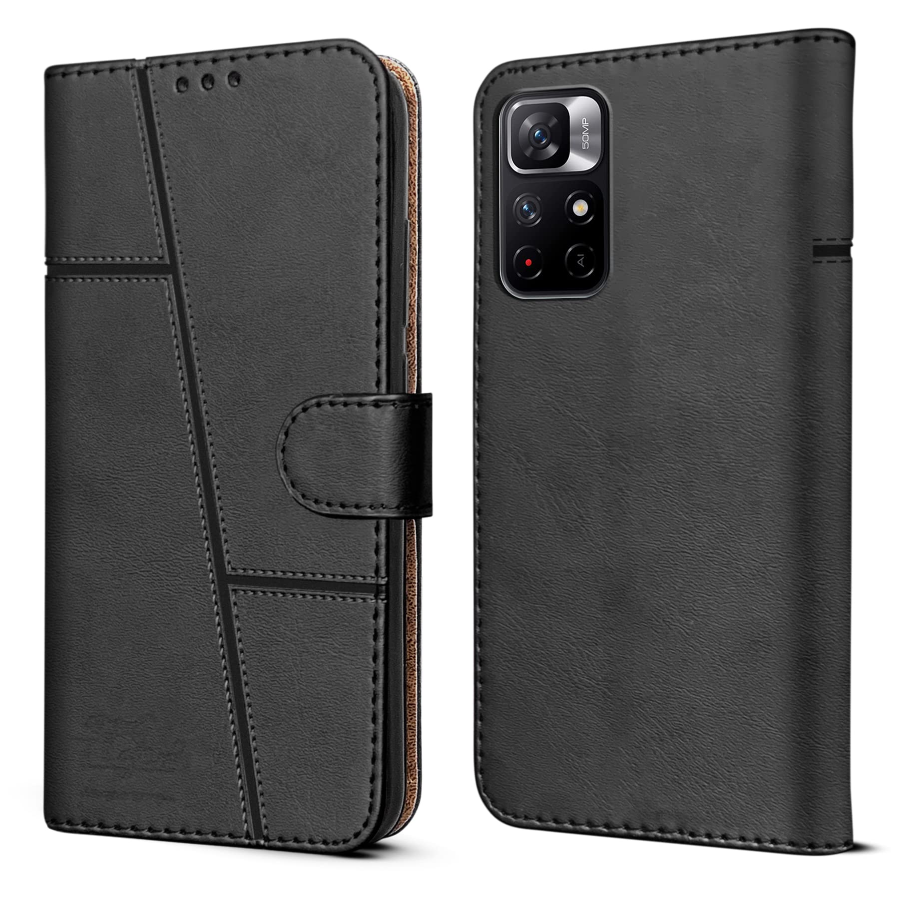 Jkobi Flip Cover Case for Xiaomi Redmi Note 11T 5G | Note 11 5G (Stitched Leather Finish | Magnetic Closure | Foldable Stand | Wallet Card Slots | Black) (B0B42B4MPC) Amazon Price History, Amazon Price Tracker