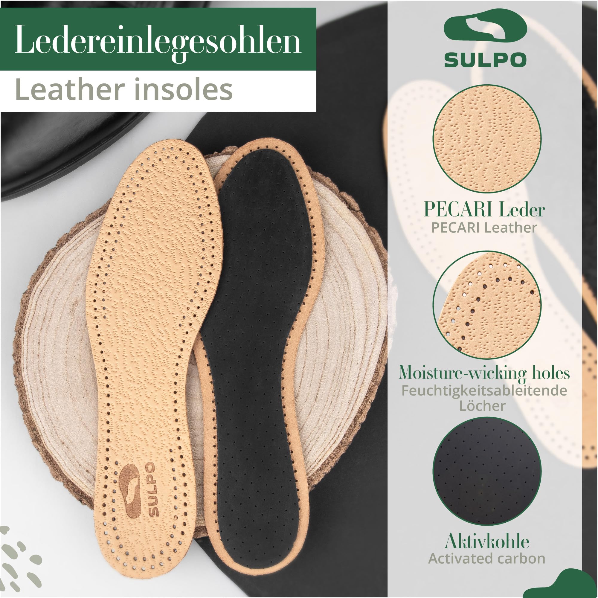 SULPO 3 pares de plantillas de piel auténtica, plantillas de carbón activado, absorben los olores y antisudor, transpirable