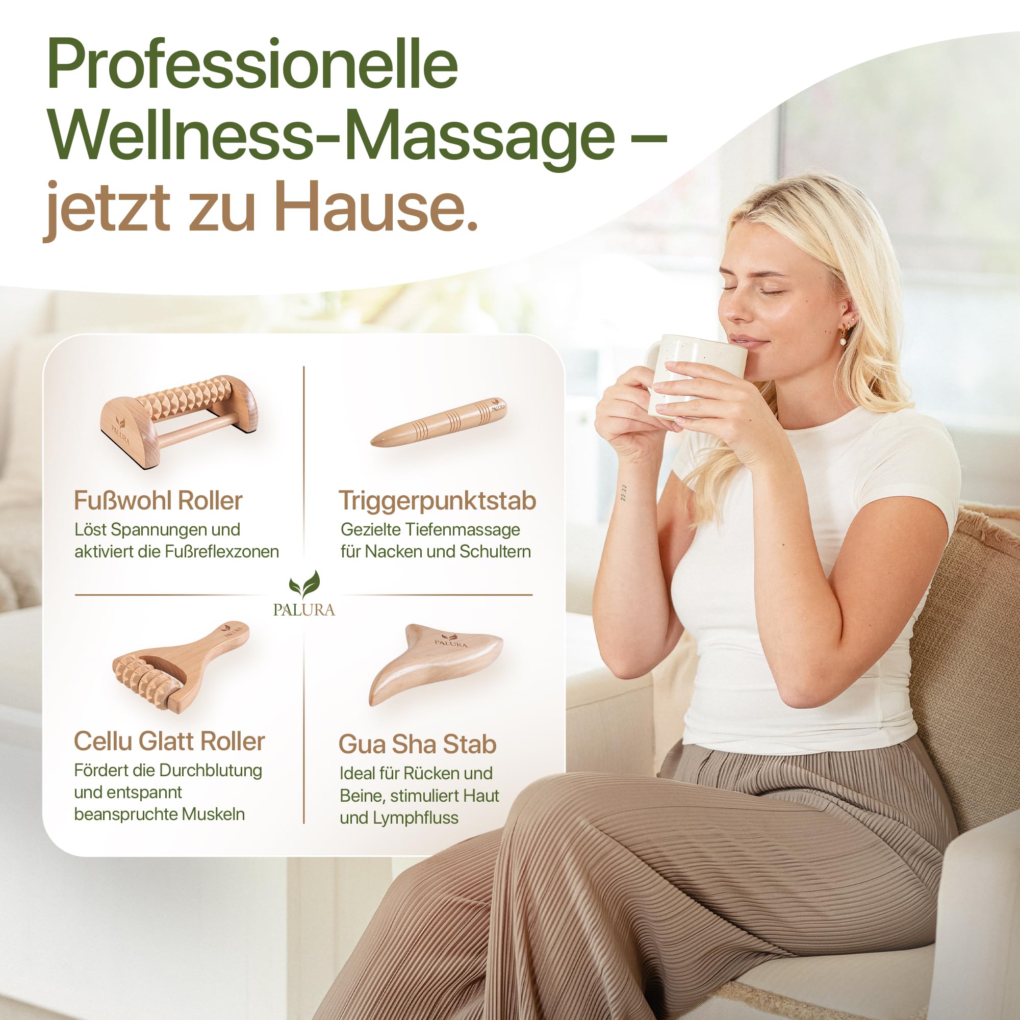 Massageroller Holz Set – Faszienrolle – Massage Tool für Arme, Beine und Nacken – Anti Cellulite Roller - Physiotherapie Praxis Zubehör - Frauen Geschenke