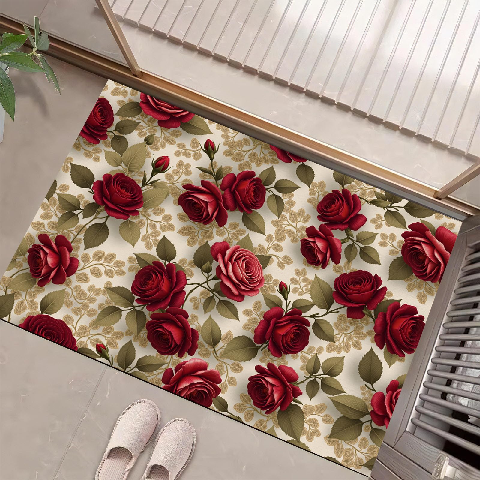 Tapis chambre salon rouge bordeaux au motif de rose rétro avec base antidérapante