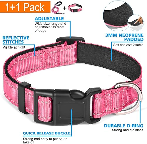 Miniatura 3 de Ladoogo collar reflectante para perro con acolchado de neopreno suave, collares de nylon transpirables y ajustables para perros pequeños, medianos y