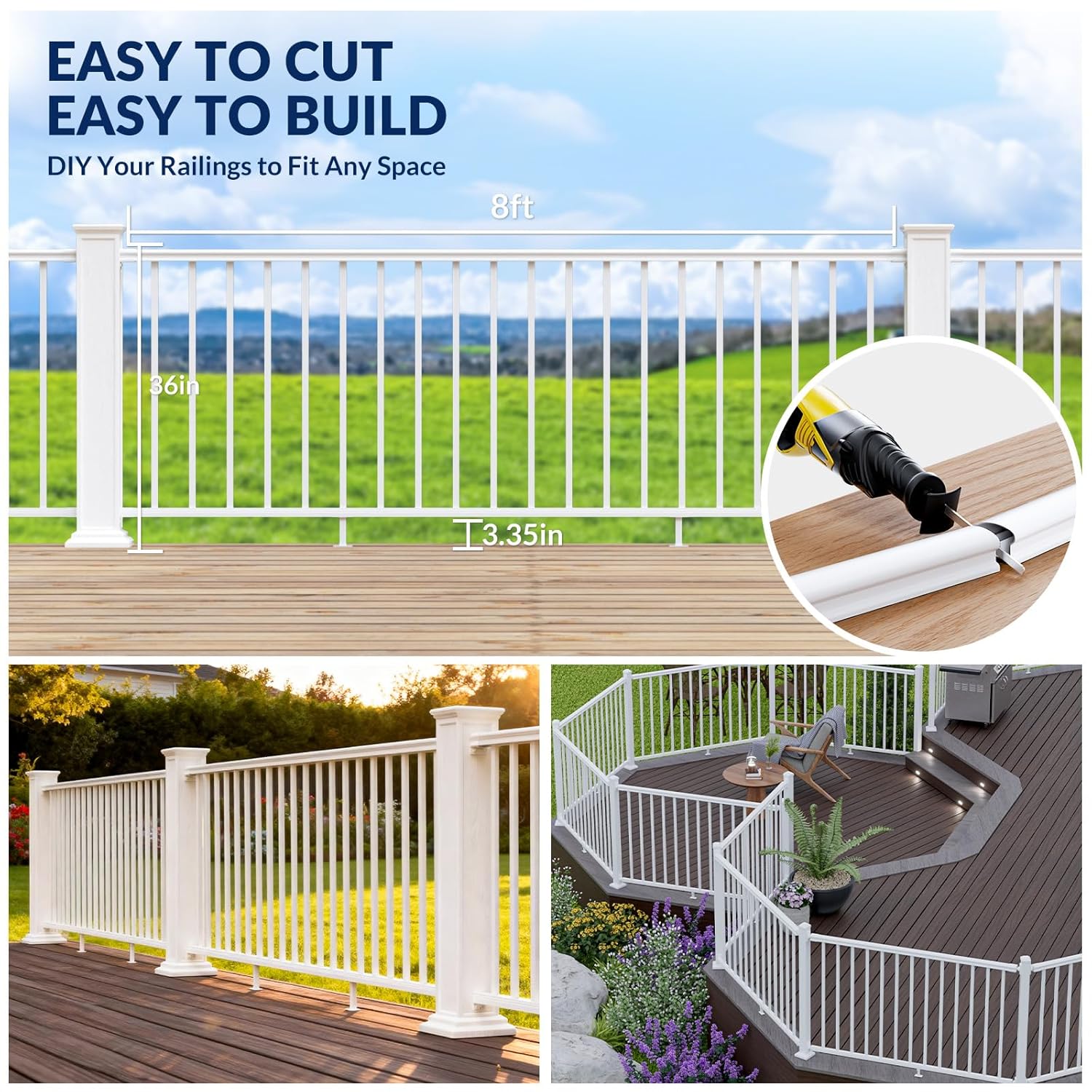 Egadis 1 Pack 36 in. H x 8 ft. W White Porch and Deck Railing Kit Without Post, Textured AAMA 2604 Powder-Coat Finish Modular Aluminum Railing for Outdoor Decks, Porches & Balconies(1 Panel)