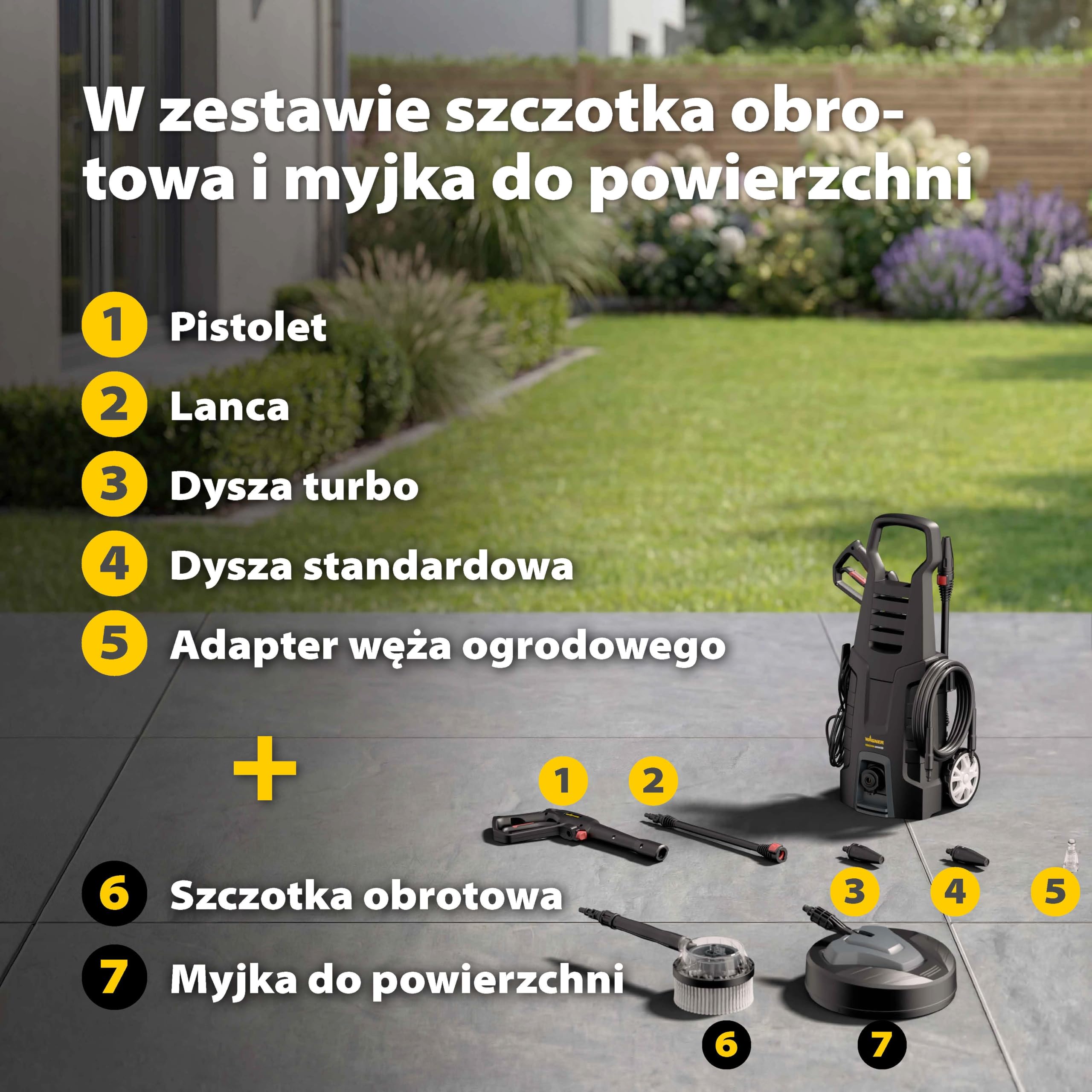 WAGNER 3‑in‑1 Home Bundle: Myjka ciśnieniowa Aquastorm Advanced + Myjka do powierzchni + Szczotka rotacyjna – skuteczne czyszczenie wokół domu, w ogrodzie, na tarasach, ścieżkach i deskowaniach