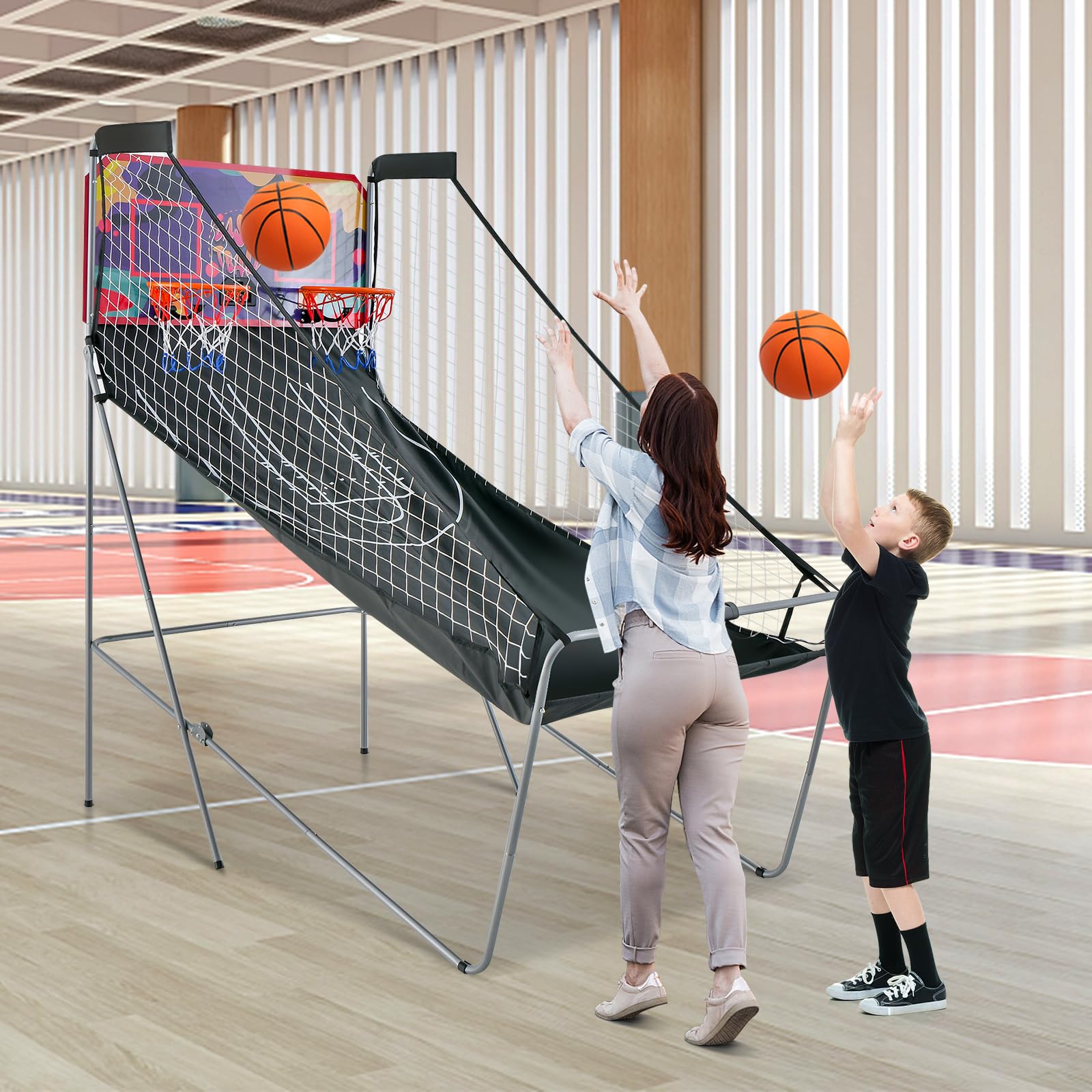 GYMAX Panier de Basket-Ball, Jeu d'Arcade de Basket-Ball Pliable à Double Tir, avec 8 Mode de Jeu, Score Électronique, 4 Balles, Pompe, pour Extérieur et Intérieur, Installation Facile