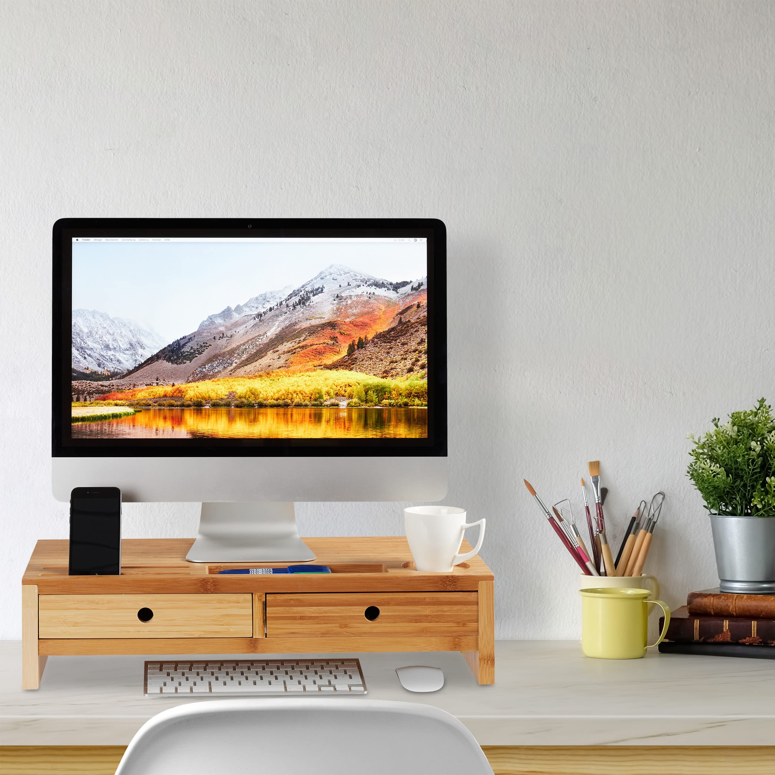 Relaxdays Supporto per Monitor, bambù, Rialzo per PC, 2 Tiretti & Scomparti, HLP 14 x 60 x 30 cm, Bianco/Legno Naturale
