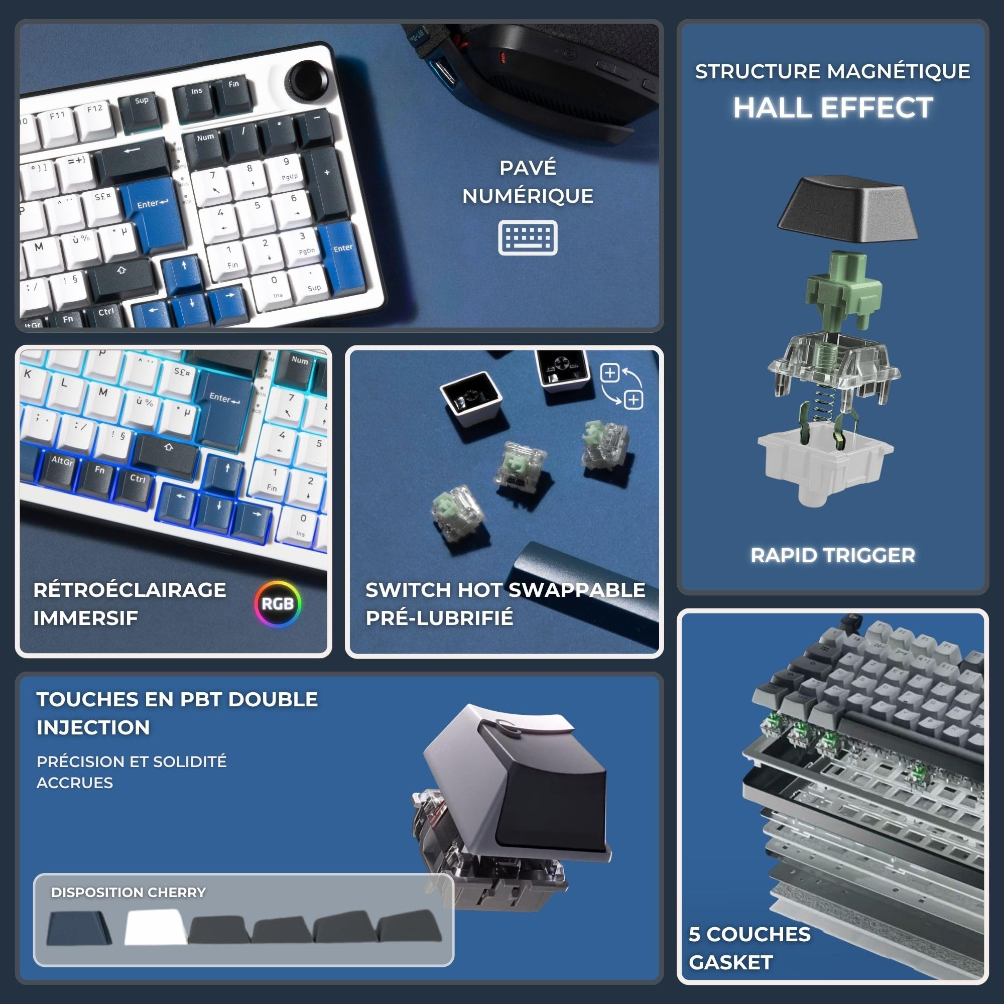 The G-Lab - KEYZ Elite 400 HE BW - Magnetyczna Klawiatura Gamingowa Hall Effect 96% AZERTY FR, Przewodowa USB, 8000 Hz Rapid Trigger, Regulowana Aktywacja 0,01 mm, PBT Hot-Swap, RGB i Makra - Win/Mac