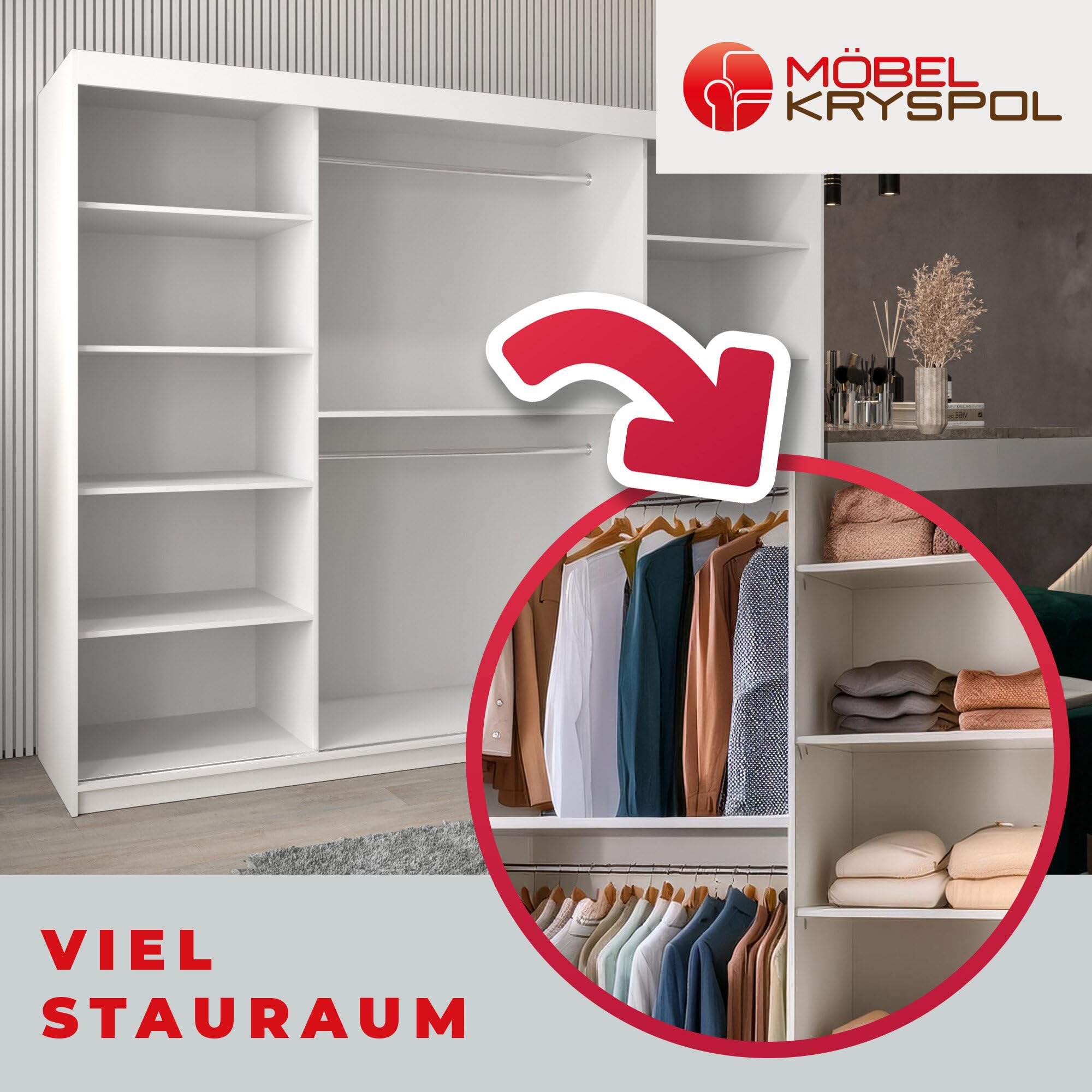 MEBLE KRYSPOL Kleiderschrank mit Spiegel Verona 2 - Garderobenschrank - Schrank Schlafzimmer - Mehrzweckschrank DREI Schiebetüren - Regalen - Flur Möbel - Kleiderstange Schrank - Allzweckschrank