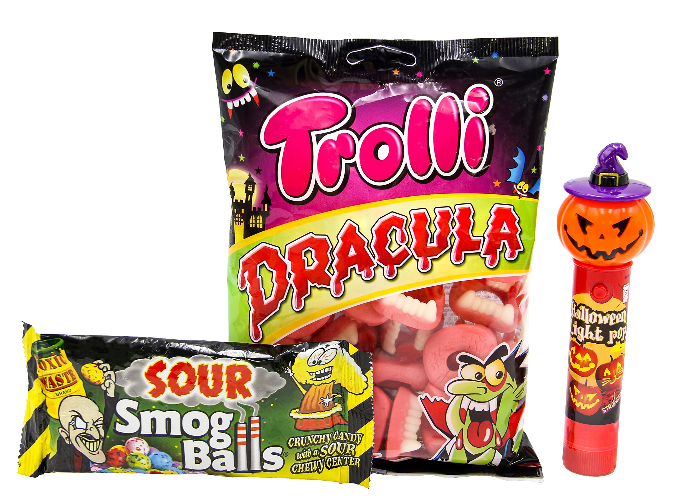 Halloween Sweets, Trick or Treat Candy Mix - Trolli Dracula Gummy Teeth Bag 200g, Toxic Waste Smog Balls Bag 48g, Fruit Flavour Light-Up Pumpkin Lollipop
