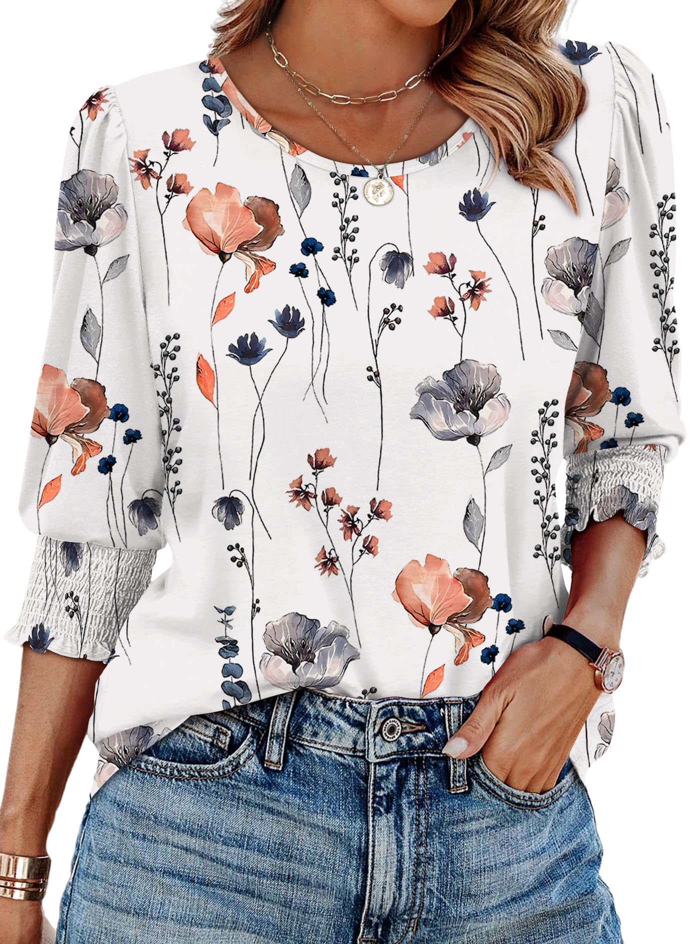XIEERDUO Blouses for Women Dressy Casual 3/4 Length Sleeve Womens Tops with Smocked Cuffs