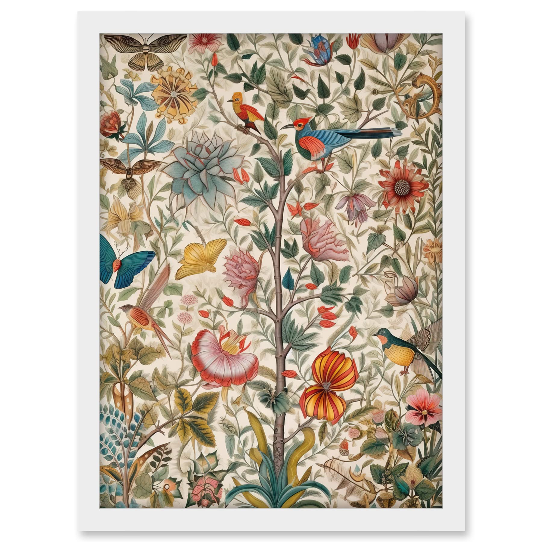Artery8 Butterflies And Flower Plants Pattern Folk Art Watercolour Painting Artwork Framed A3 Wall Art Print