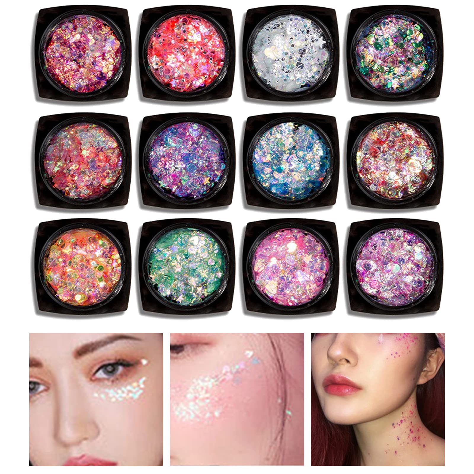 CkFyahp12 Colours Face Glitter Gel for Body Holographic Chunky Cosmetic Glitter Gel Manicure Christmas Hair Nails Eyes Bling Sequins Halloween Makeup Mermaid Powder Shiny Flakes