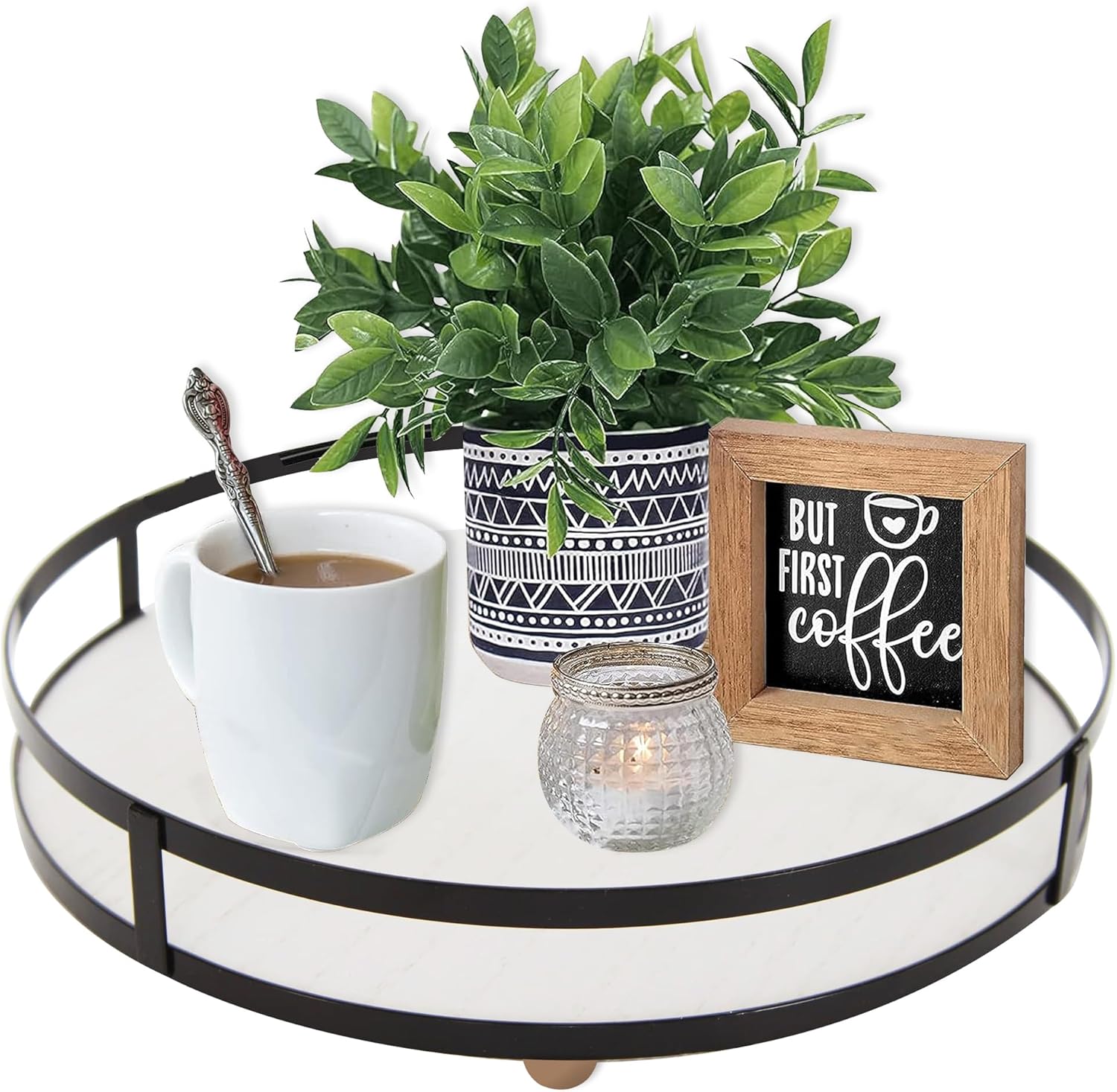 Defined Deco 12in Round Decorative Serving Tray with Metal Handle - Rustic Wooden Tray for Home, Living Room, Coffee Table Decor