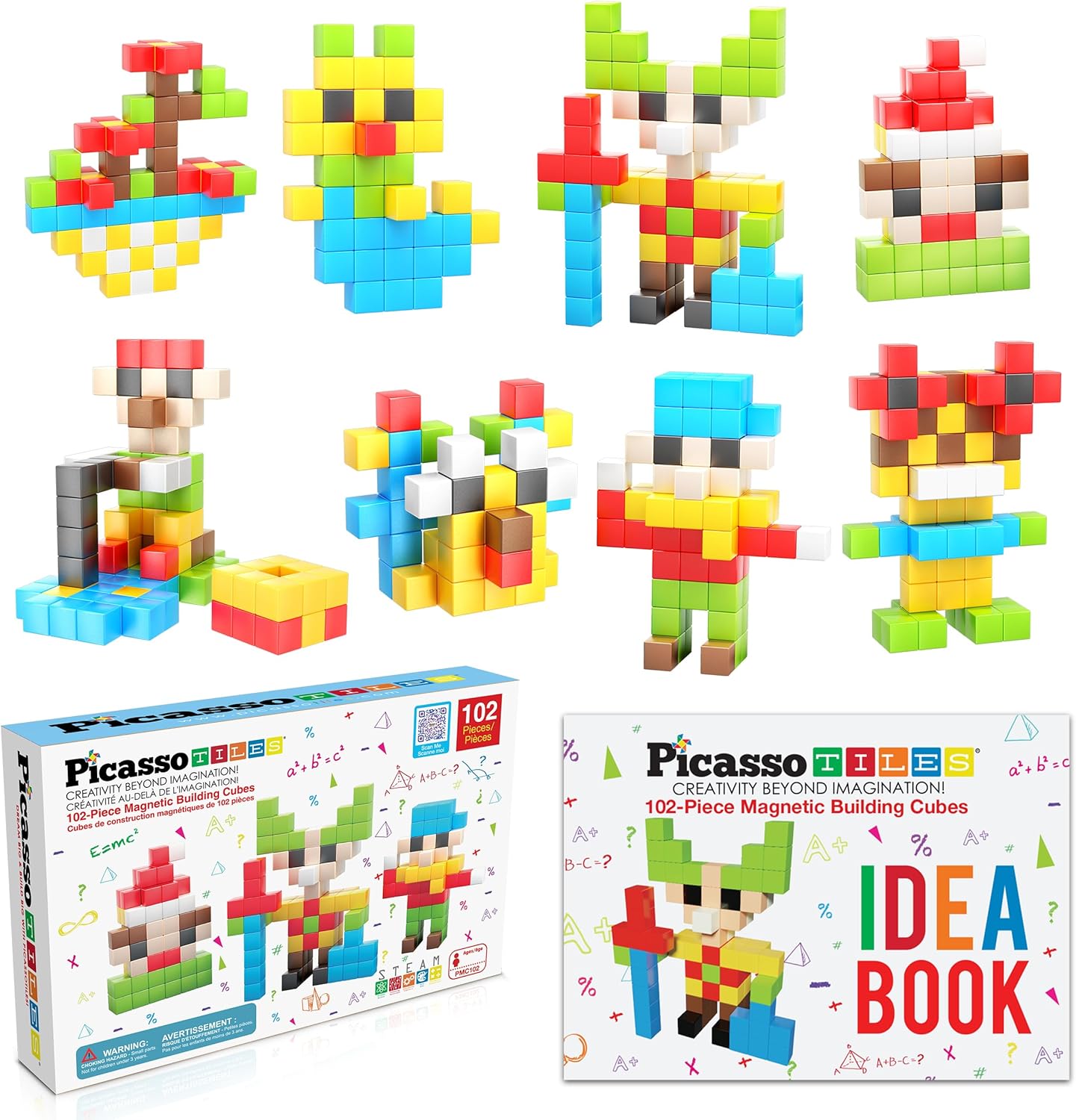 PicassoTiles 102pcs Pixel Magnetic Puzzle Cube 1” Pixel Mix & Match Toys with Ideabook STEM Education Learning Building Block Magnets Construction ToySet Stacking Creative Kit for Kids Age 3+ PMC102
