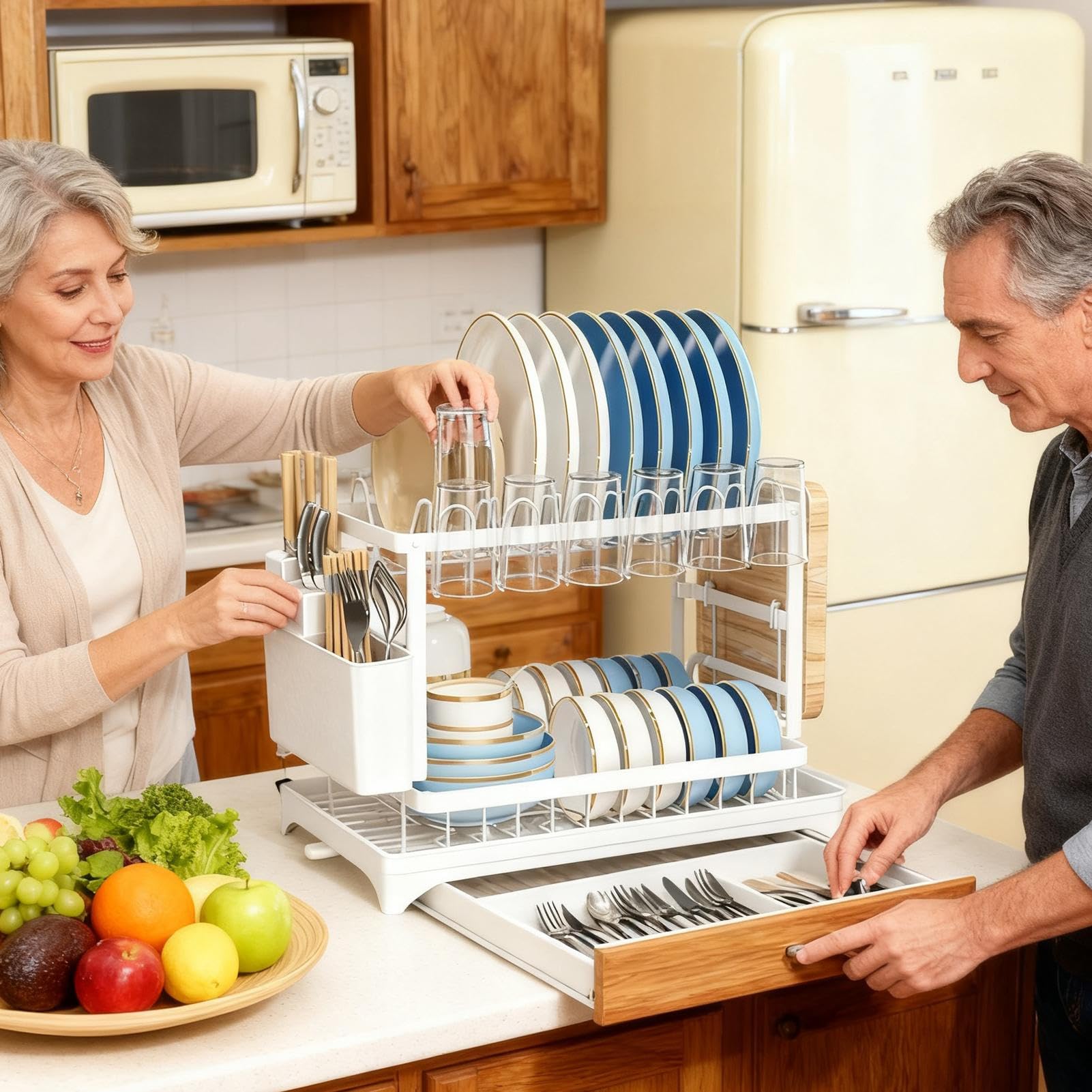 de 2 niveles, ahorro de espacio con soporte para utensilios, escurridor para encimera de cocina, para tazas, cubiertos, bandeja, platos, organización, fregadero, encimera, hogar, hogar