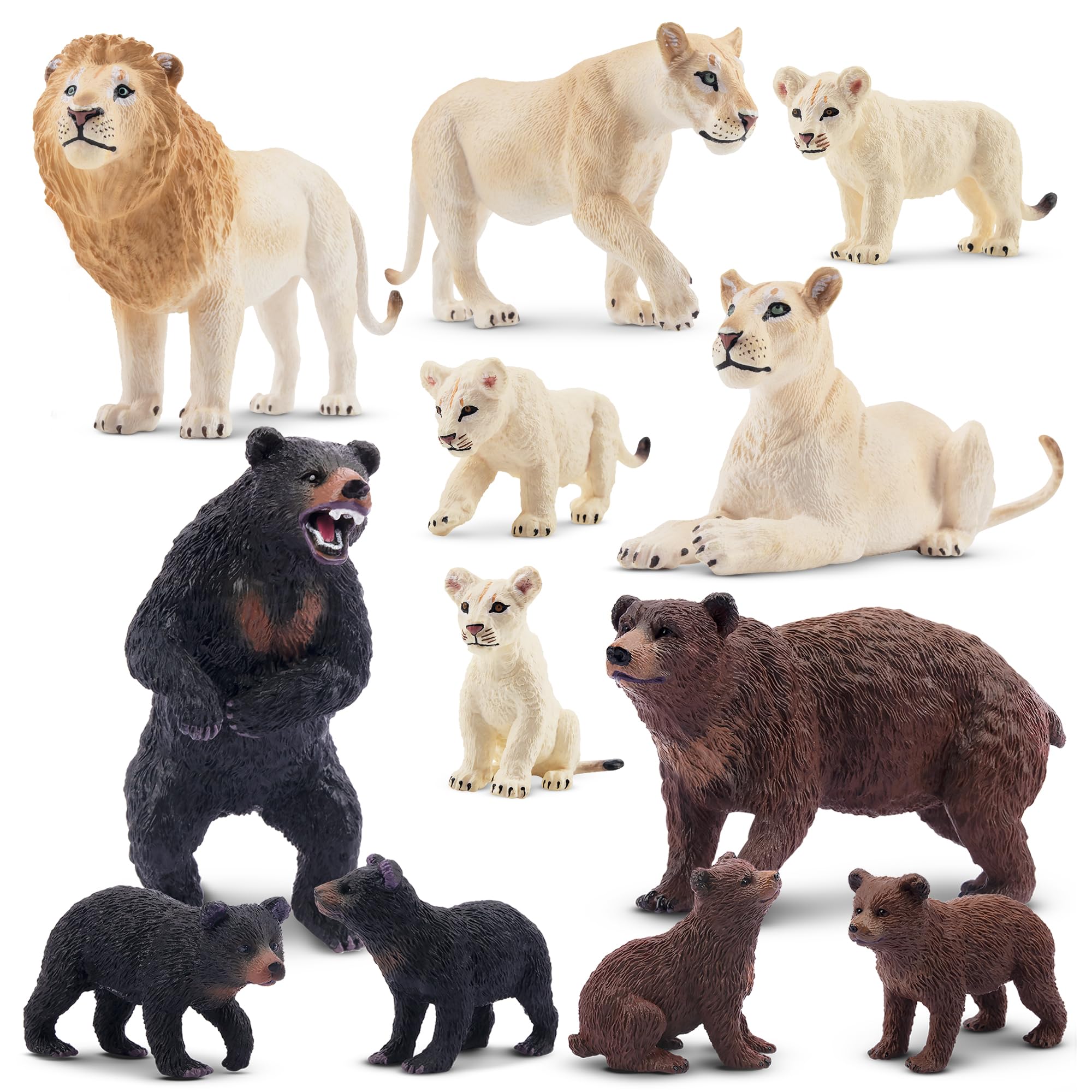 Toymany 14PCS Realistic Safari Animals Figures Family Playset Includes Baby Animals, Realistic Bear Figurines and White Lion Figures with Cubs, Cake Toppers Christmas Birthday Toy for Kids