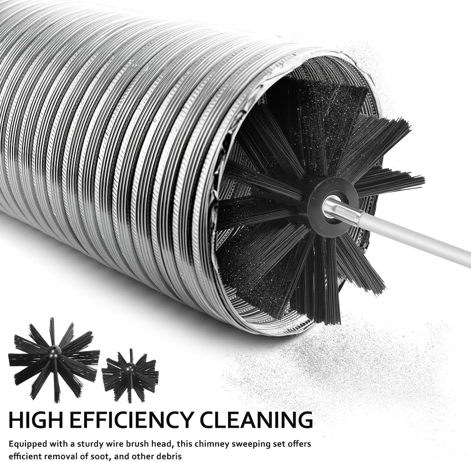 Chimney Sweep Set with 15" Flexible Rods and Drill-Compatible Fireplace Flue Cleaning Brushes, Stove Pipe Brush Kit with Hex Key and Tape for Home Chimney Maintenance