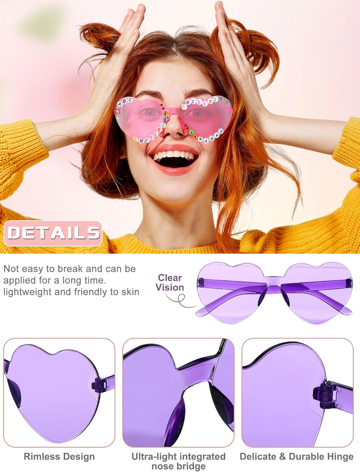 30 Pairs DIY Sunglasses Decorating Kit Heart Shaped Glasses Bulk Popular Party Favors with Letter Beads Rhinestones Stickers and Glues for Holiday Women - Image 4