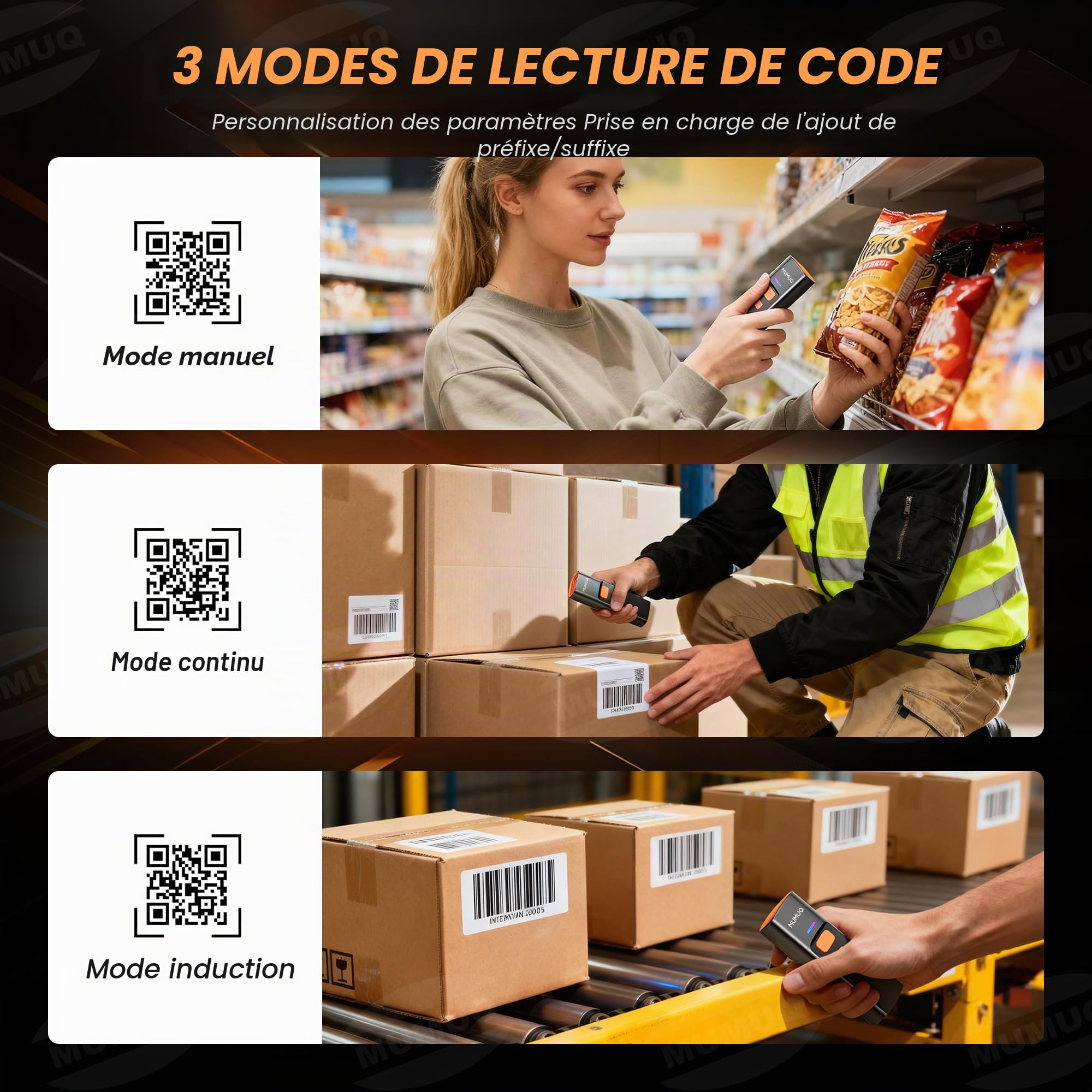 Lecteur Code-Barre Douchette sans Fil Mini, Scanner 1D 2D QR, Connexion 3-en-1 (Bluetooth 5.2/2.4GHz/USB), Compatible avec Windows PC, Mac, iOS, Android, Tablettes - avec Station de Charge
