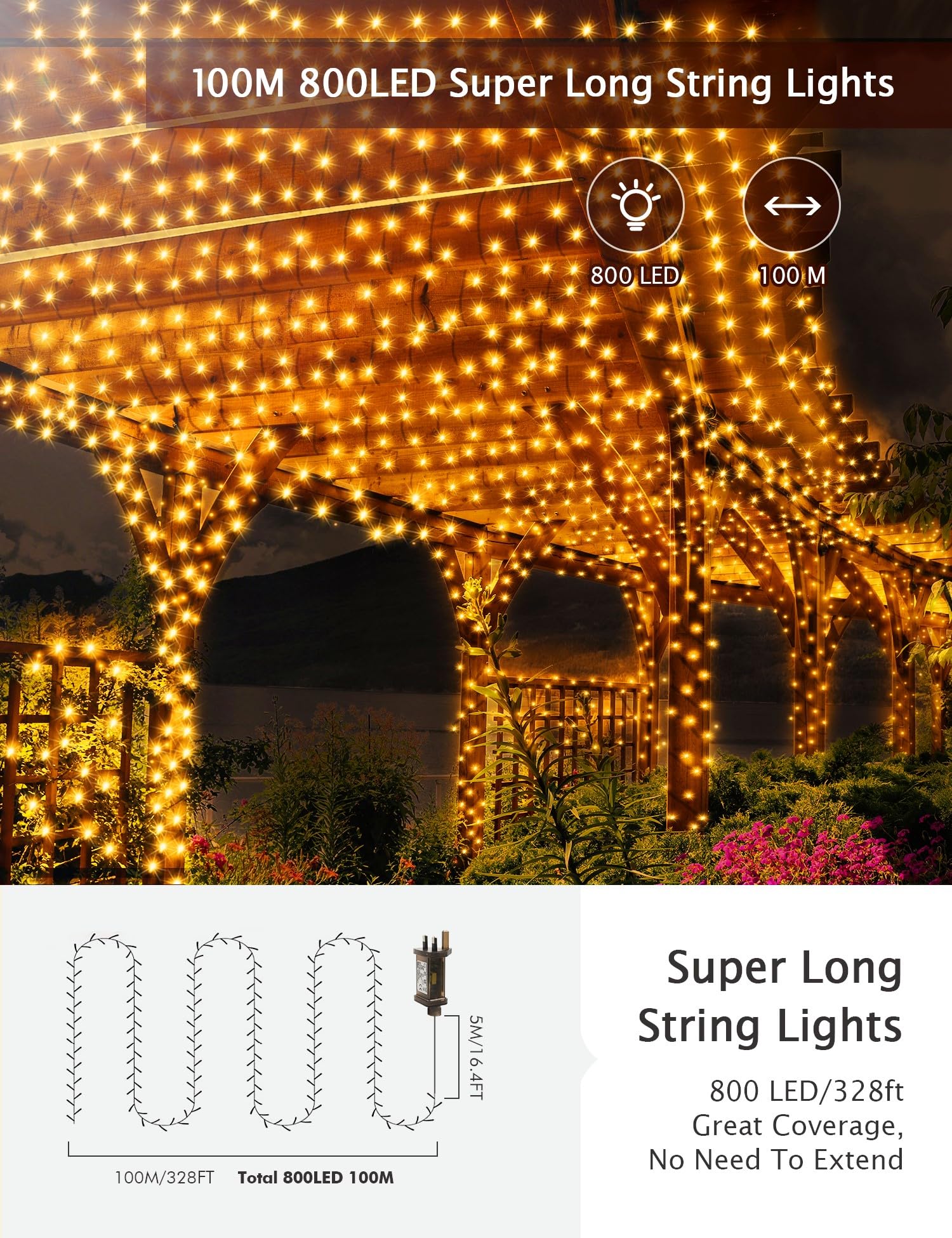 GYLEFY 100M Luci di Natale Esterno per Decorazioni Natalizie, Bianco Caldo | Luci Natale con Telecomando, 800 LED Impermeabile, 8 Modalità Illuminazione, Timer, Decorazione per Albero Natale, Giardino