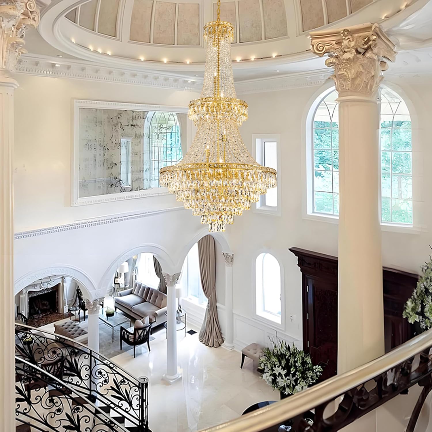 26 Lights Gold Luxury Crystal Chandeliers Large Modern Chandelier for High Ceilings Crystal Pendant Light Fixture Foyer Staircase Hallway Entryway Banquet Hall Lobby 63" H x 30.7" D